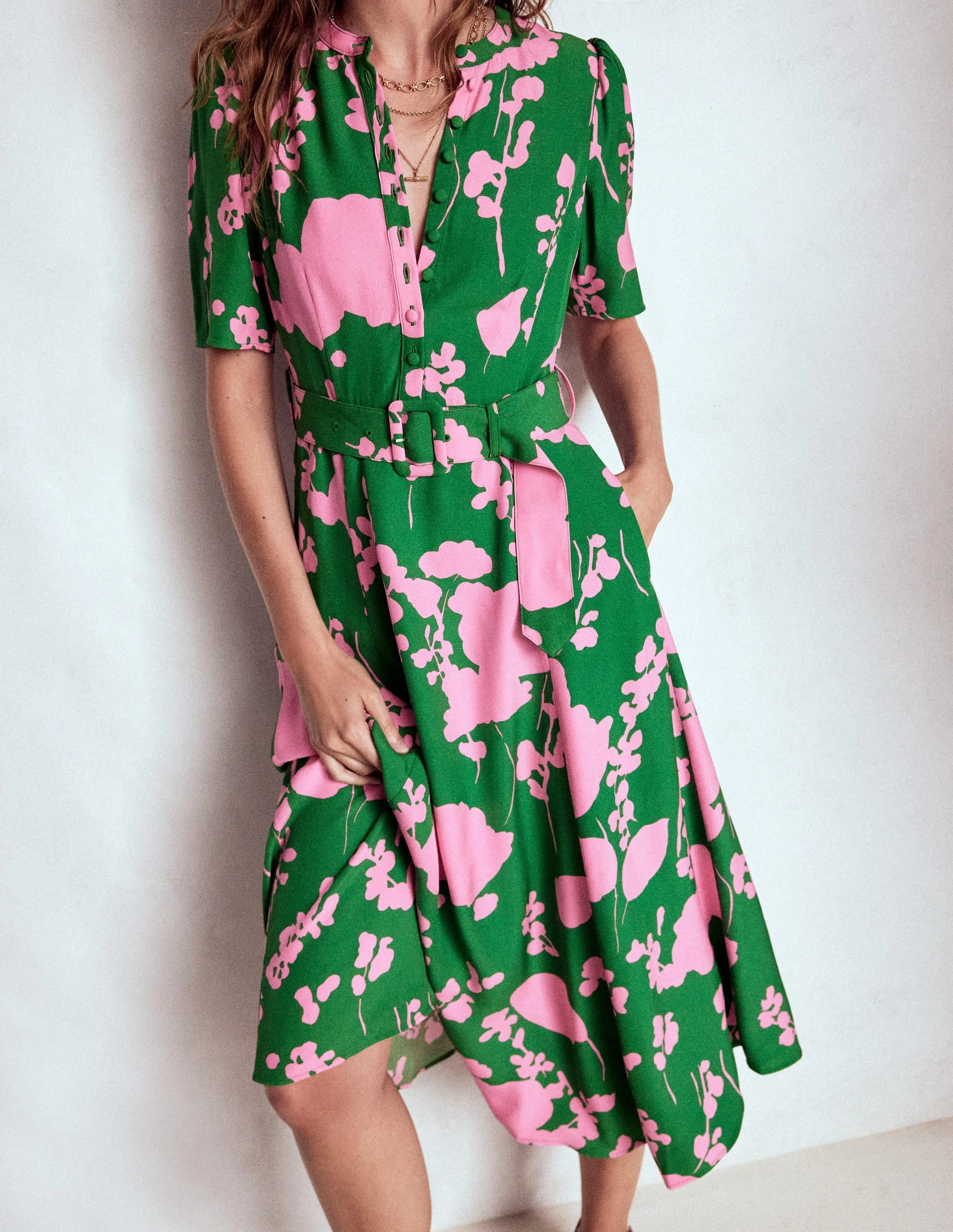 Lightweight Piece Stylish Layer Kate Puff Sleeve Belted Dress-Highland Green, Dainty Sprigs