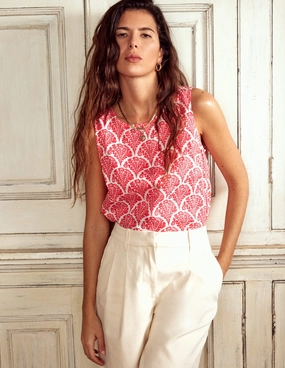 Premium Cotton Seasonal Wear Linen Shell Top-Jam Red, Blossomy