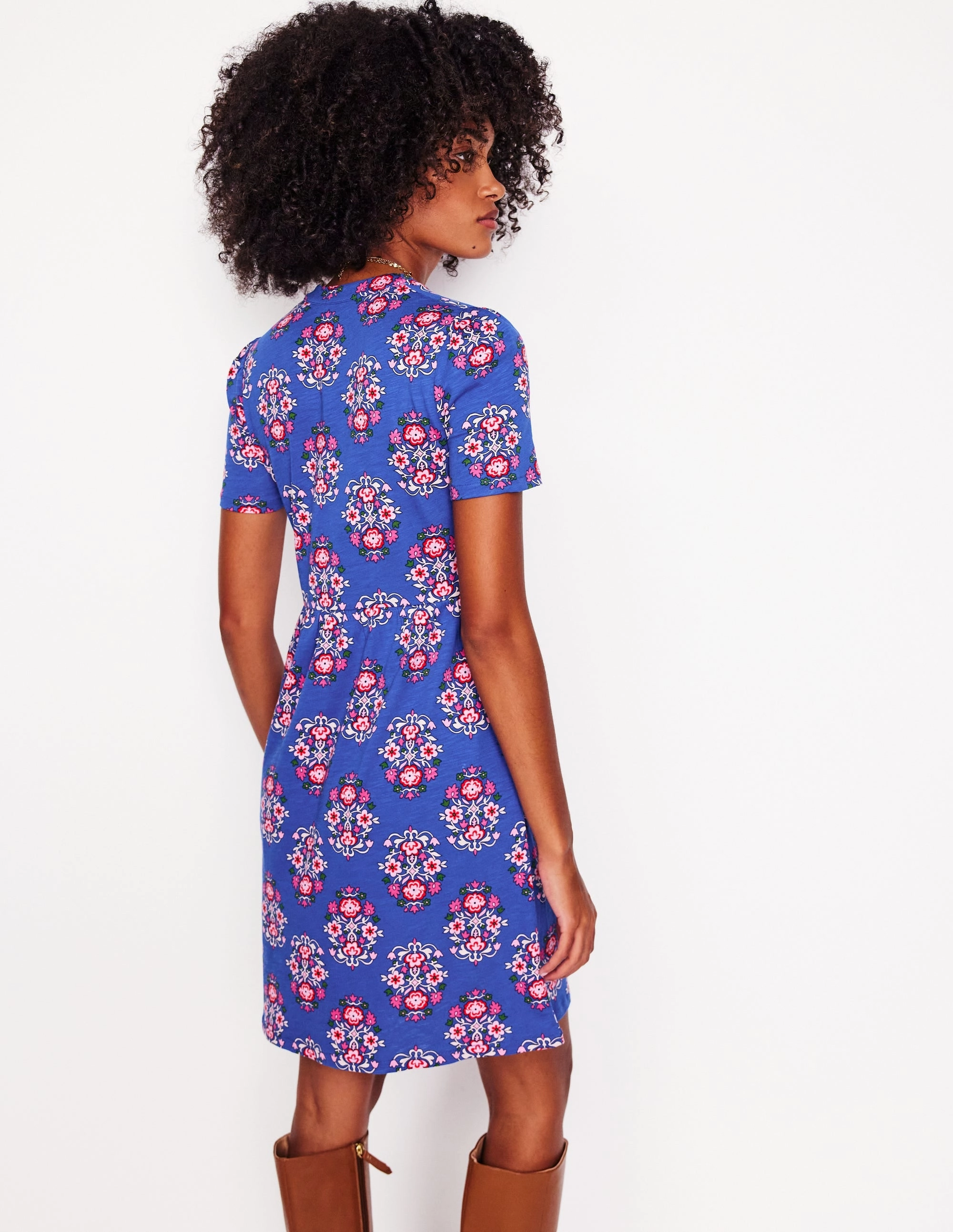 Day To Night Naomi Short Sleeve Dress-Bright Blue, Wildflower Stamp