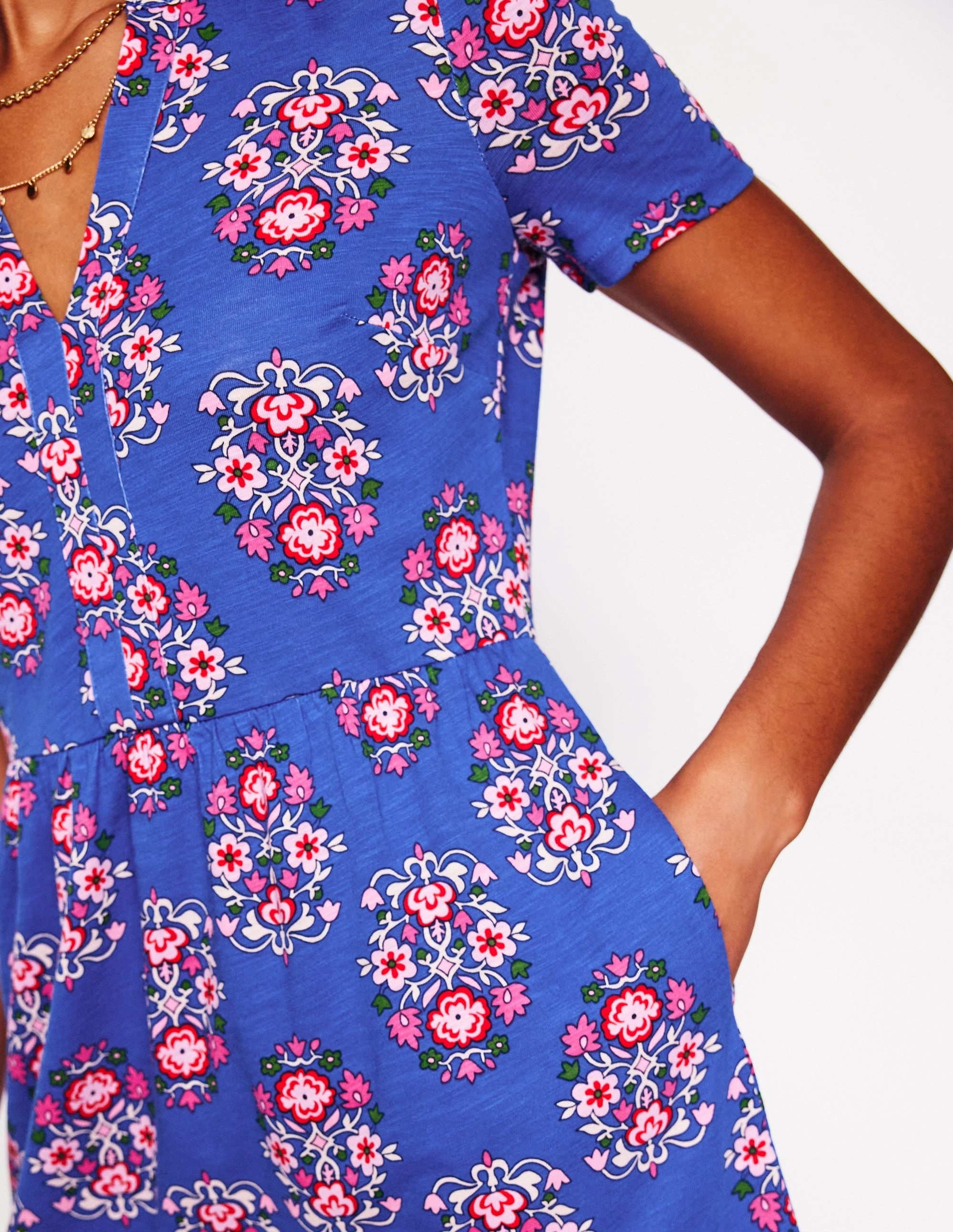Unique Cut Bold colors Naomi Short Sleeve Dress-Bright Blue, Wildflower Stamp