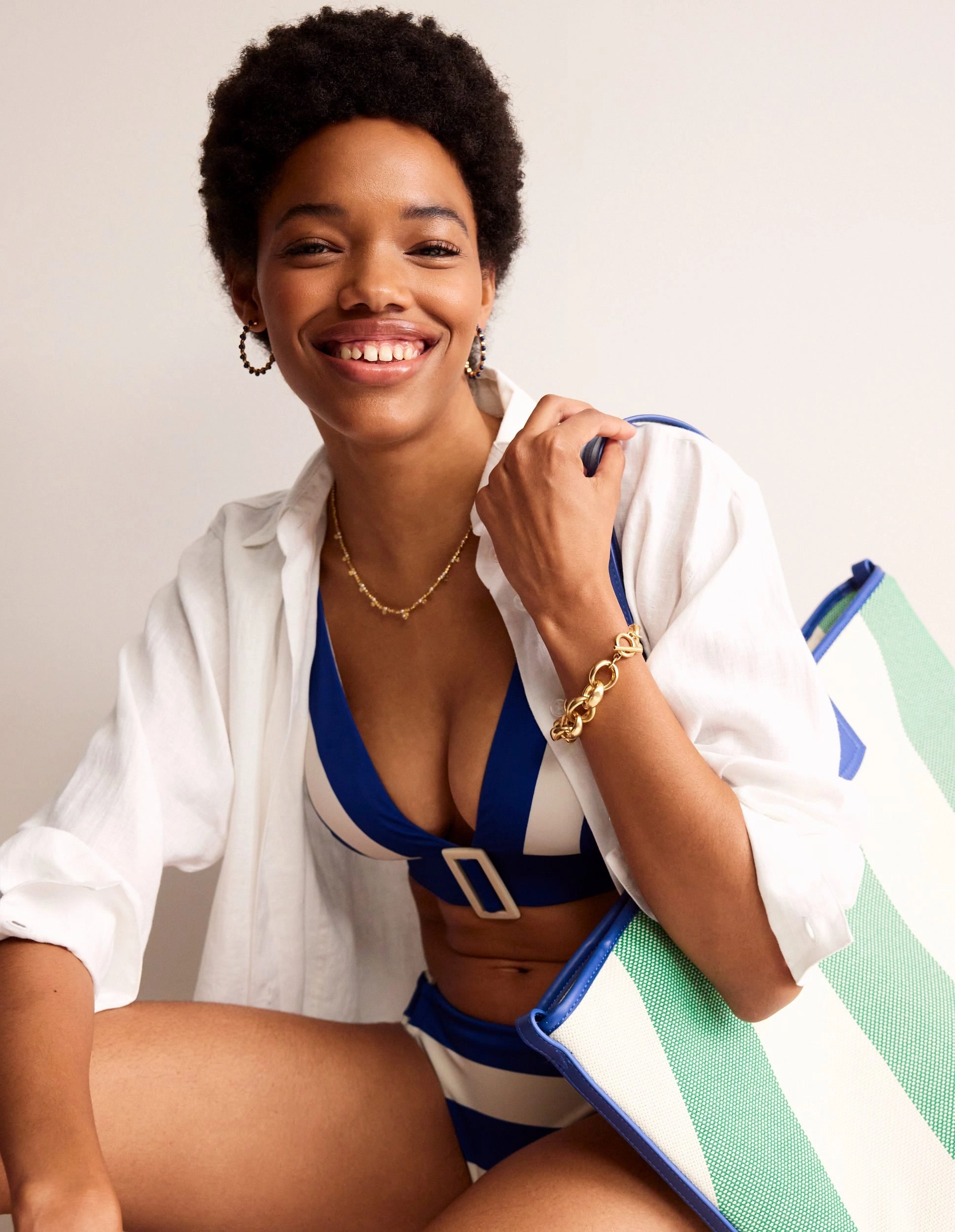 4 Way Stretch Material Waterfront Leisure Resin Buckle Bikini Top-Blue/ Ivory Stripe