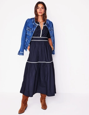 Rhea Embroidered Midi Dress-Navy Smart Texture