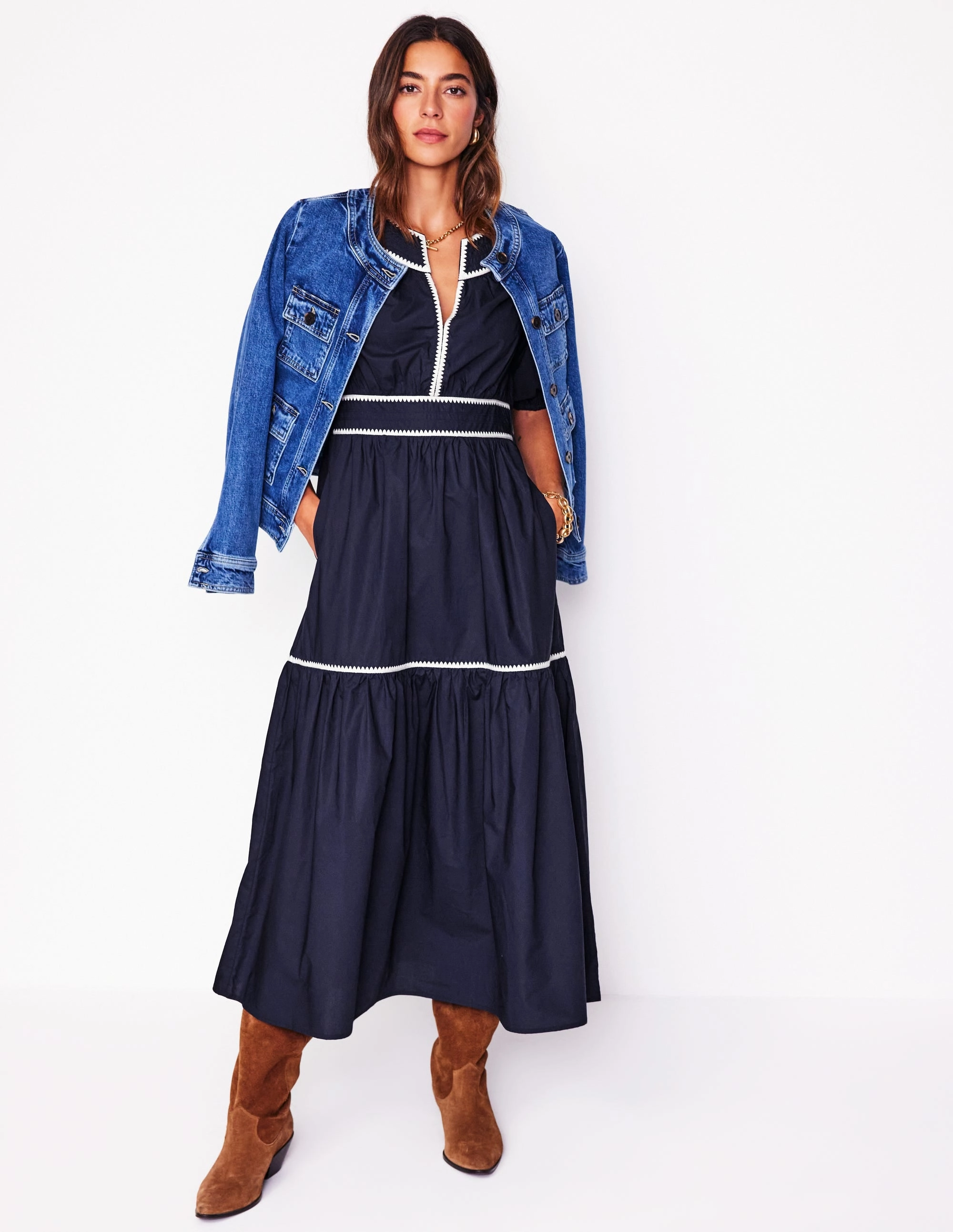 Rhea Embroidered Midi Dress-Navy Smart Texture