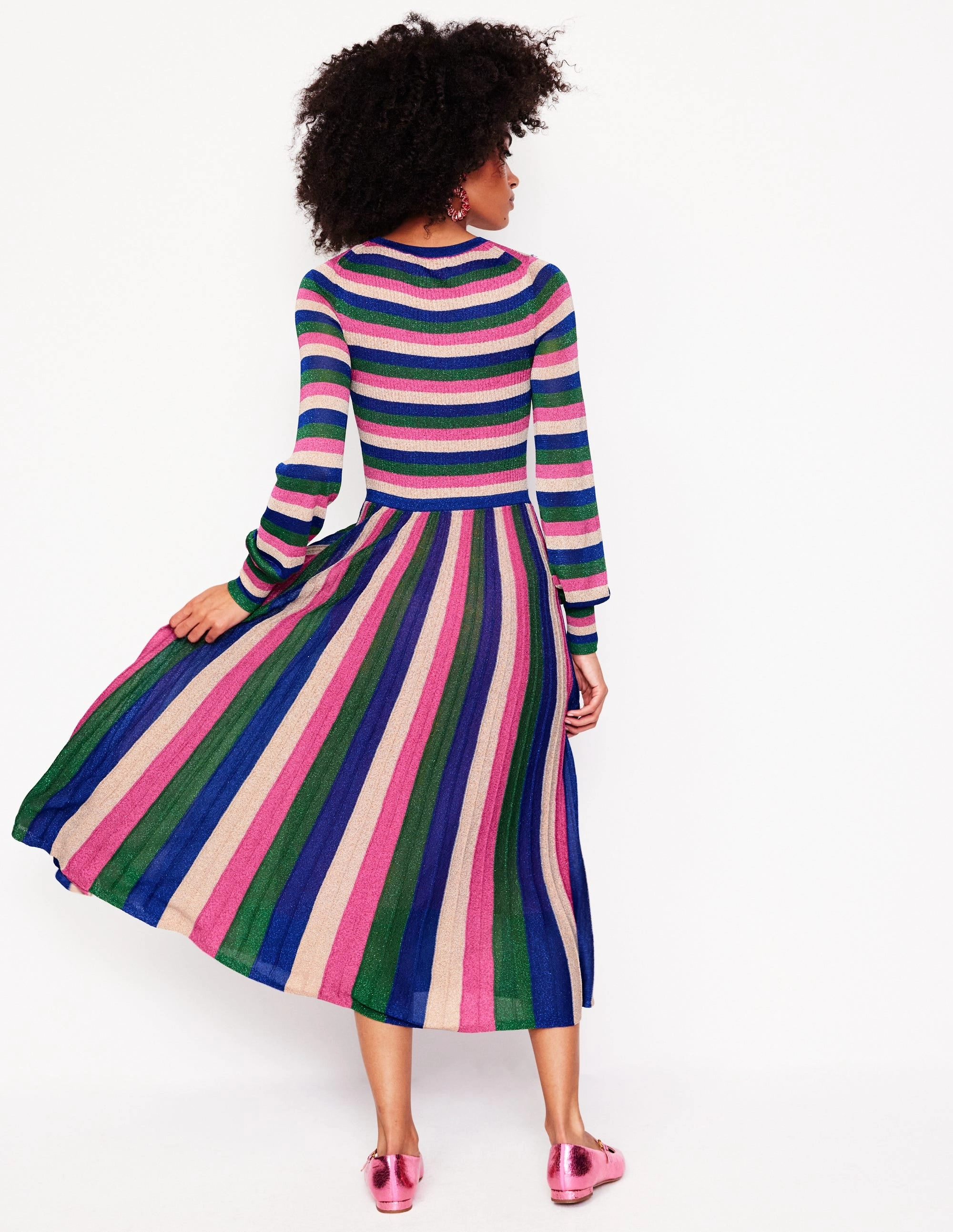 Ribbed Metallic Party Dress-Pink, Green and Gold Stripe High-Low-Hem