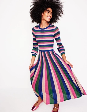 Ribbed Metallic Party Dress-Pink, Green and Gold Stripe Light Flow
