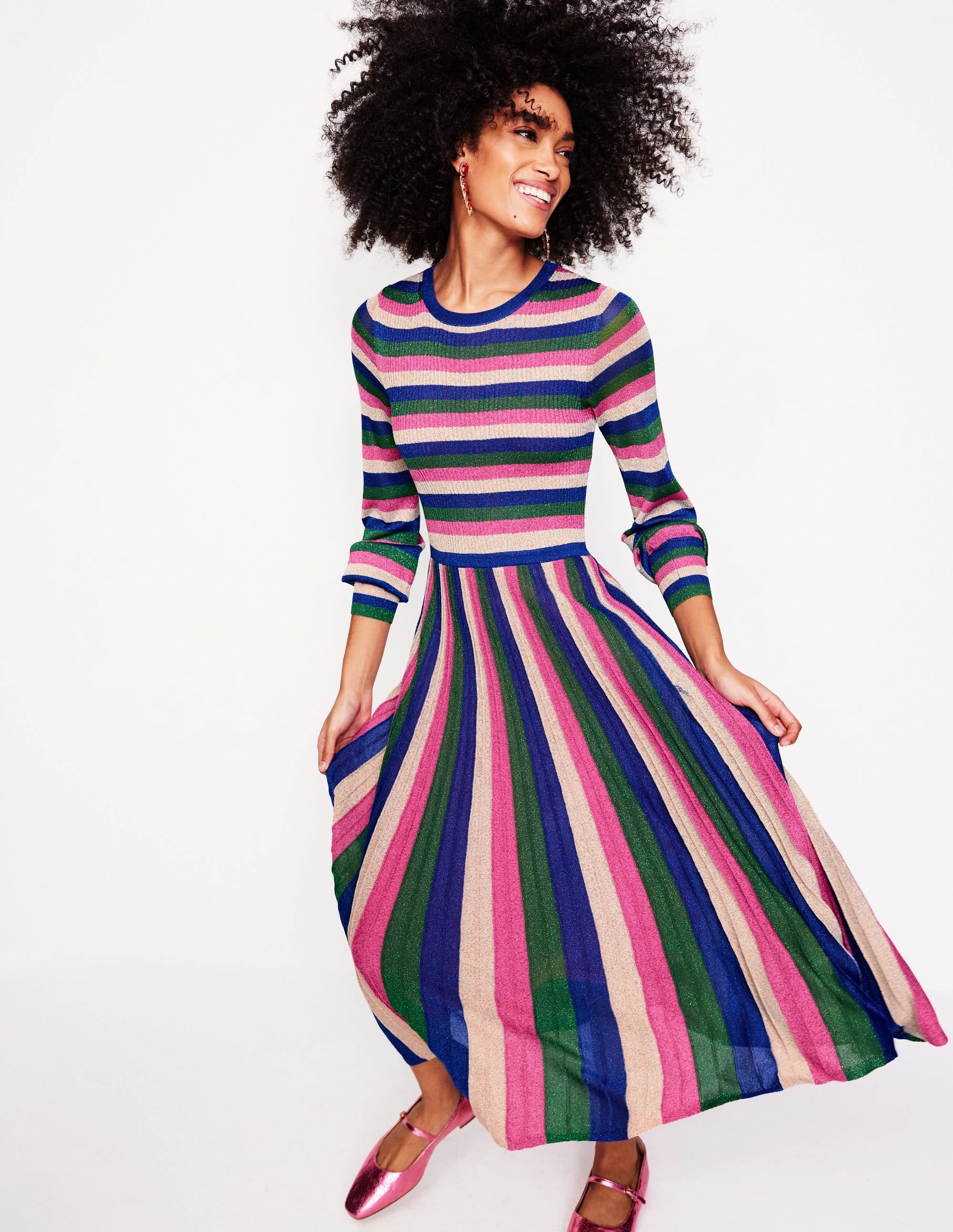 Ribbed Metallic Party Dress-Pink, Green and Gold Stripe Light Flow