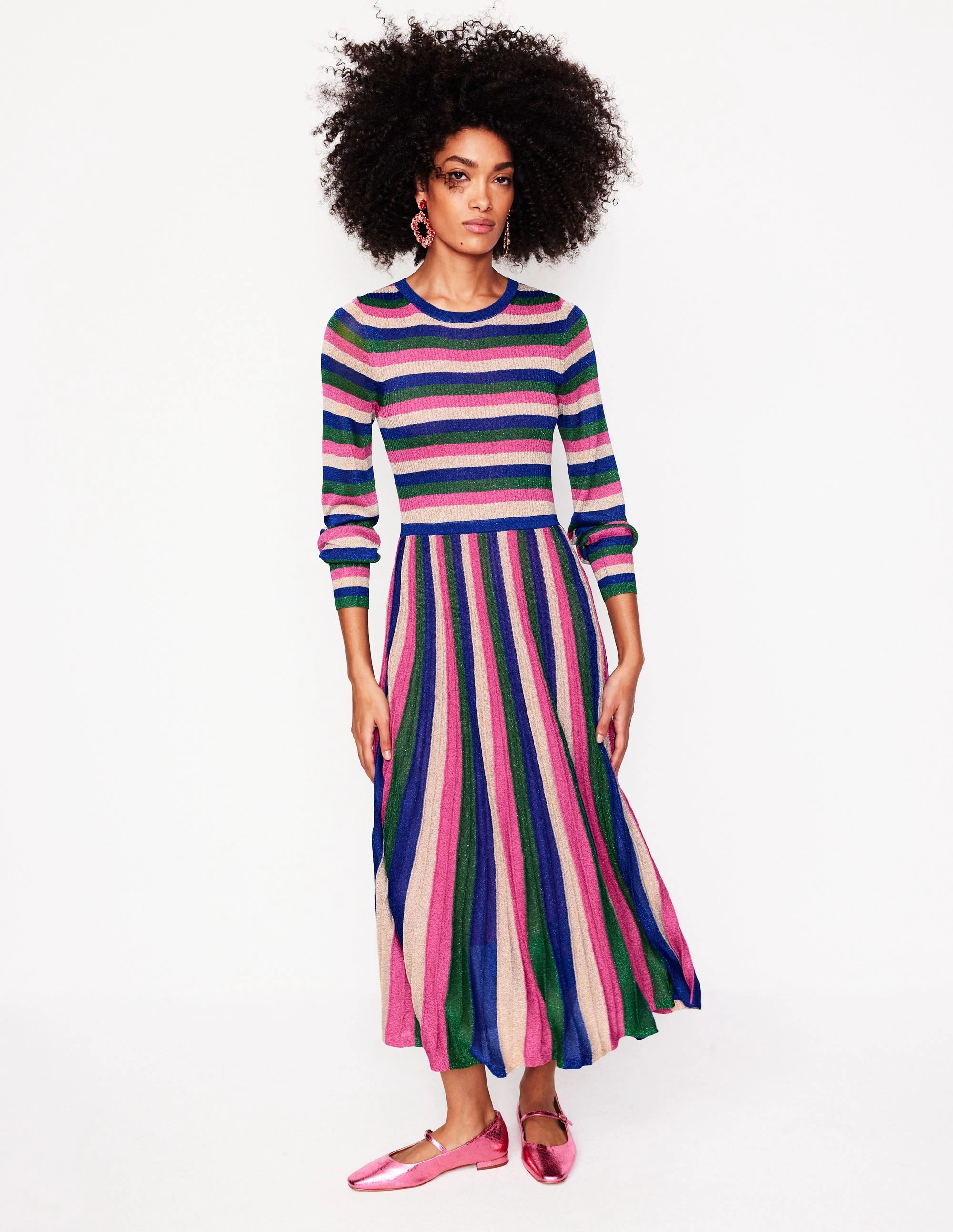 Ribbed Metallic Party Dress-Pink, Green and Gold Stripe Casual Layers