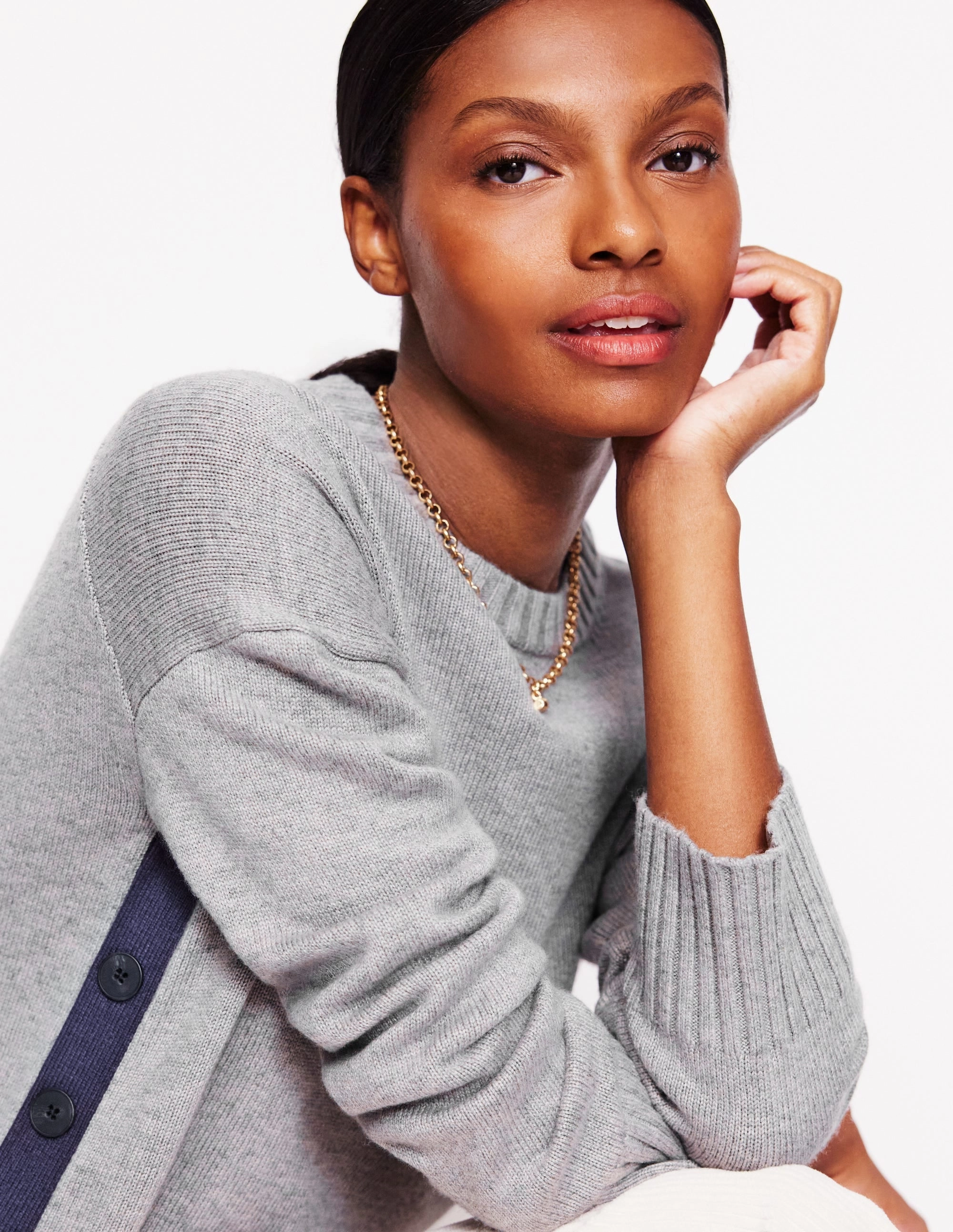 Multi Layer Weaving Layered Neckline Zia Button Side Jumper-Mink Melange