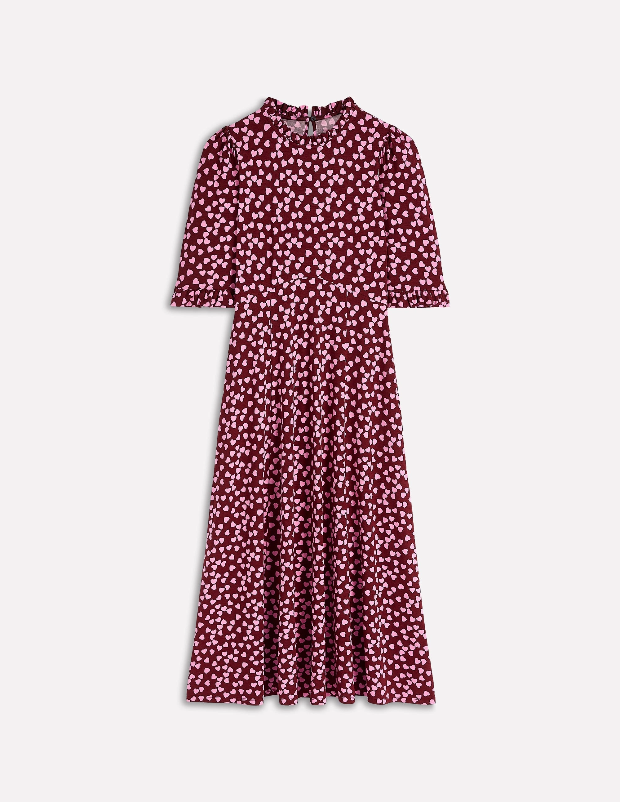 Ruffle Seamed Midi Dress-Chestnut, Heart Cascade Moment Soft knee-length