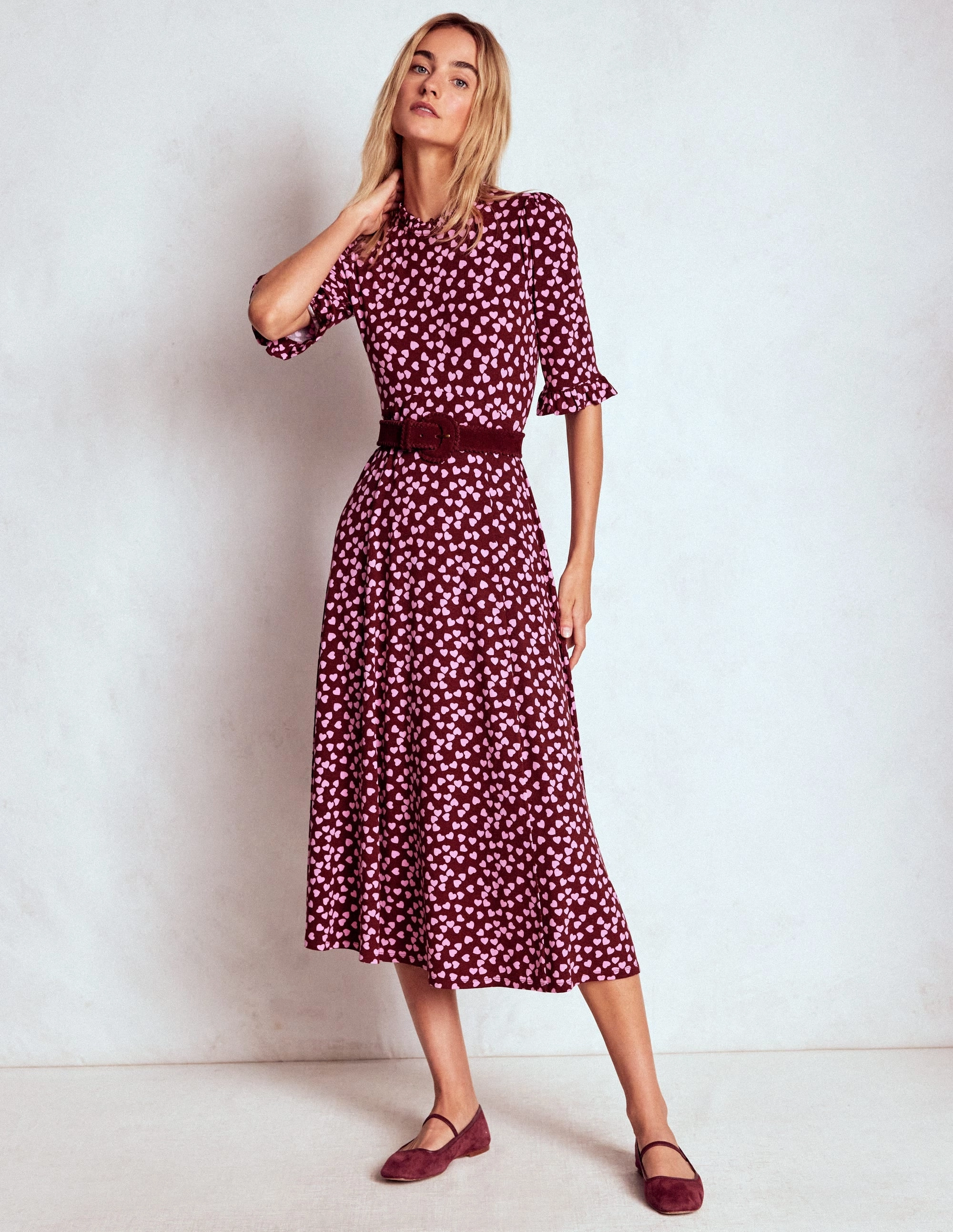 Slimming Shape Ruffle Seamed Midi Dress-Chestnut, Heart Cascade