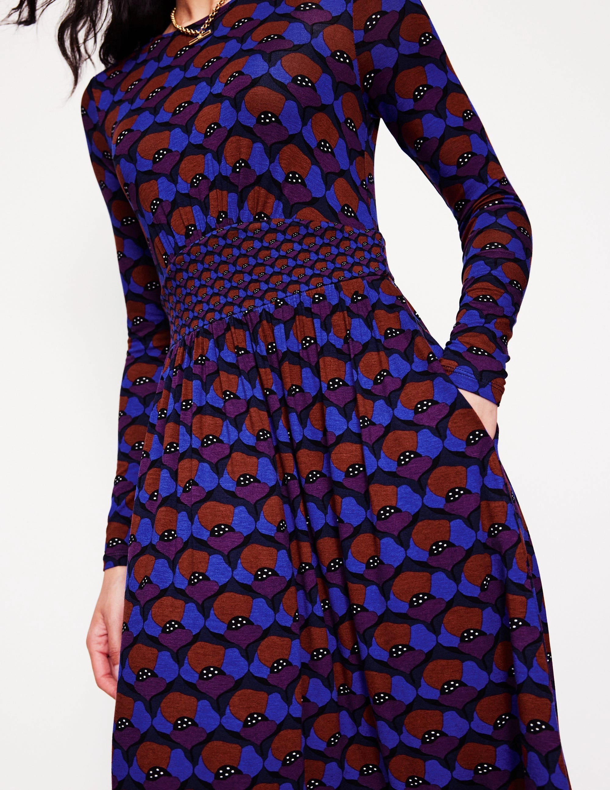 Thea Long Sleeve Jersey Dress-Damson, Poppy Stamp Boho Mood