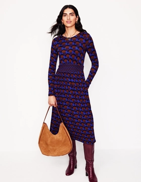 Thea Long Sleeve Jersey Dress-Damson, Poppy Stamp Fashionable outfit for outings Subtle Comfort