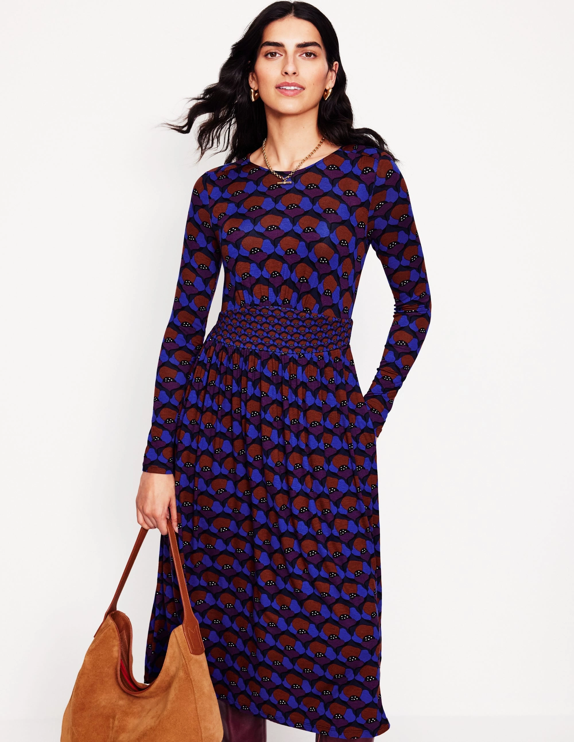 Texture Mood Cozy Silhouette Thea Long Sleeve Jersey Dress-Damson, Poppy Stamp