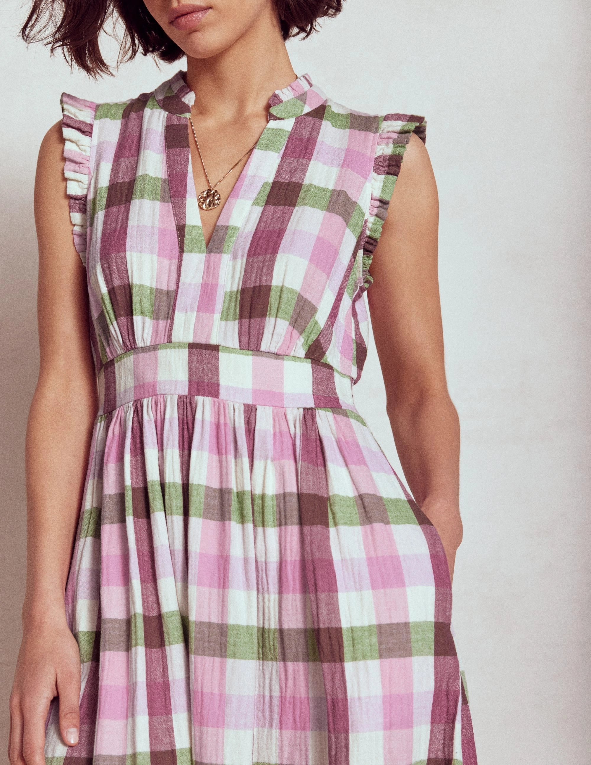 Fashionable Cut DeepPocketStyle Wren Double Cloth Midi Dress-Pink and Green Multigingham