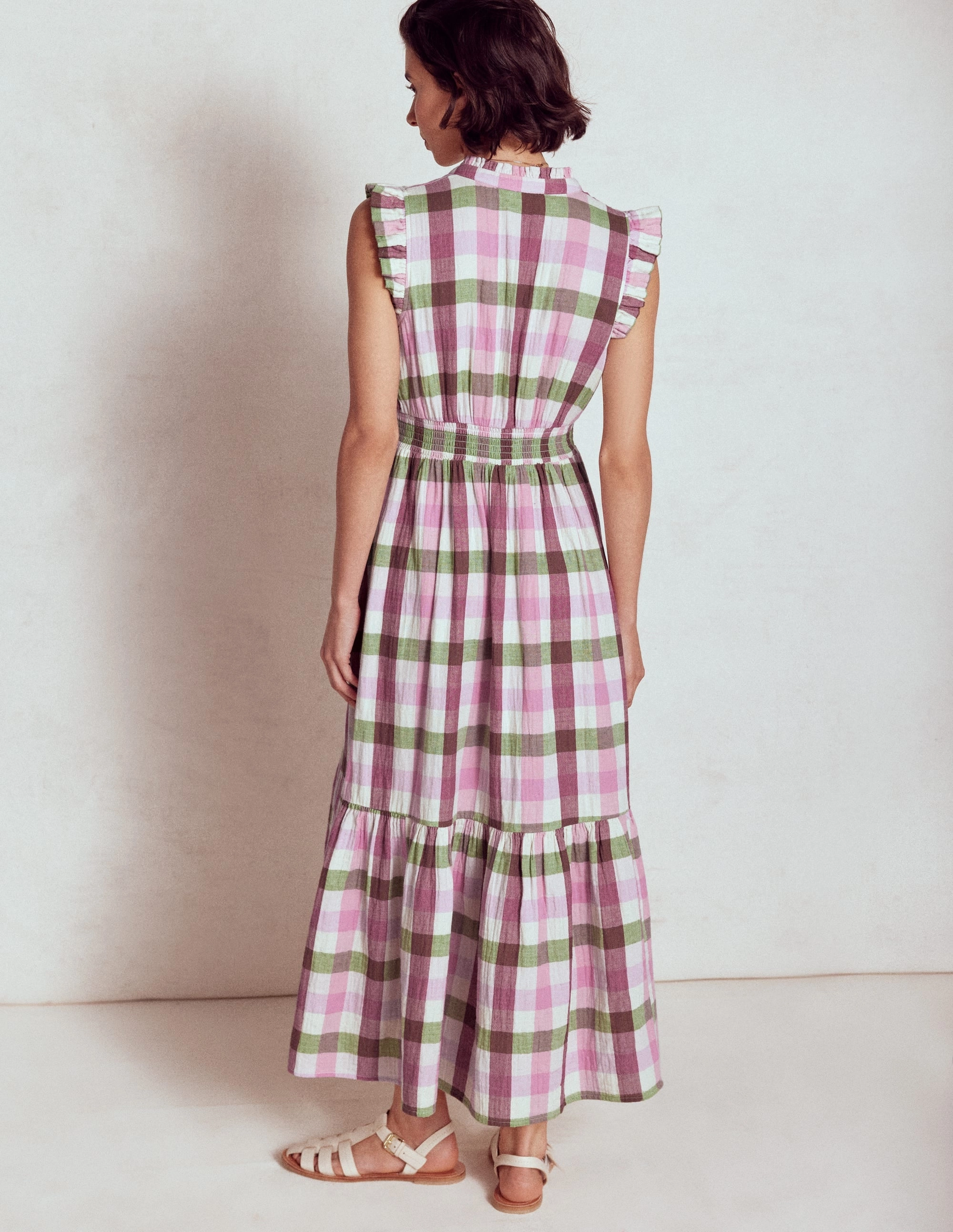 Non-Pilling Seasonal Essential Wren Double Cloth Midi Dress-Pink and Green Multigingham