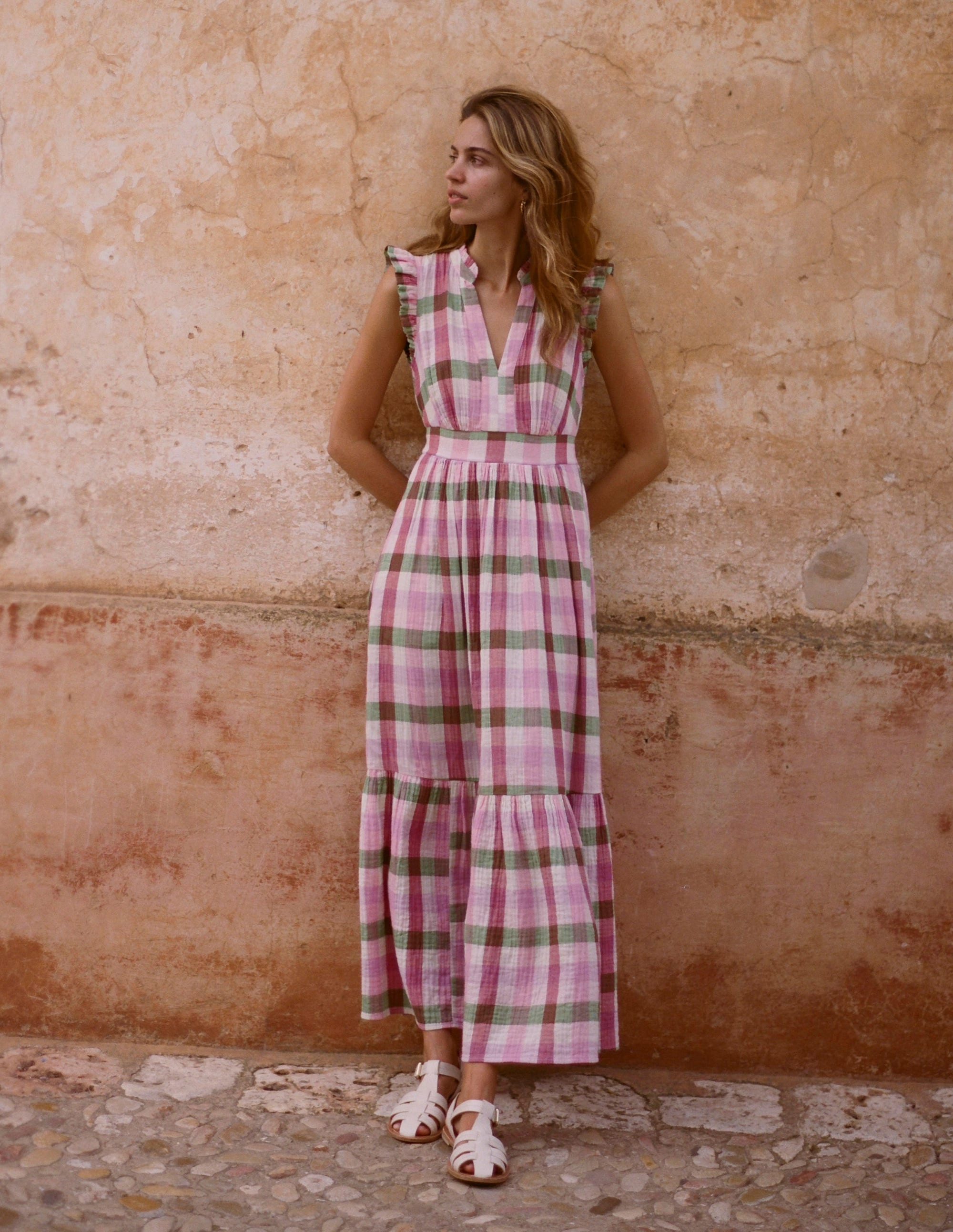 FadeResistantColor Vibe Style Wren Double Cloth Midi Dress-Pink and Green Multigingham