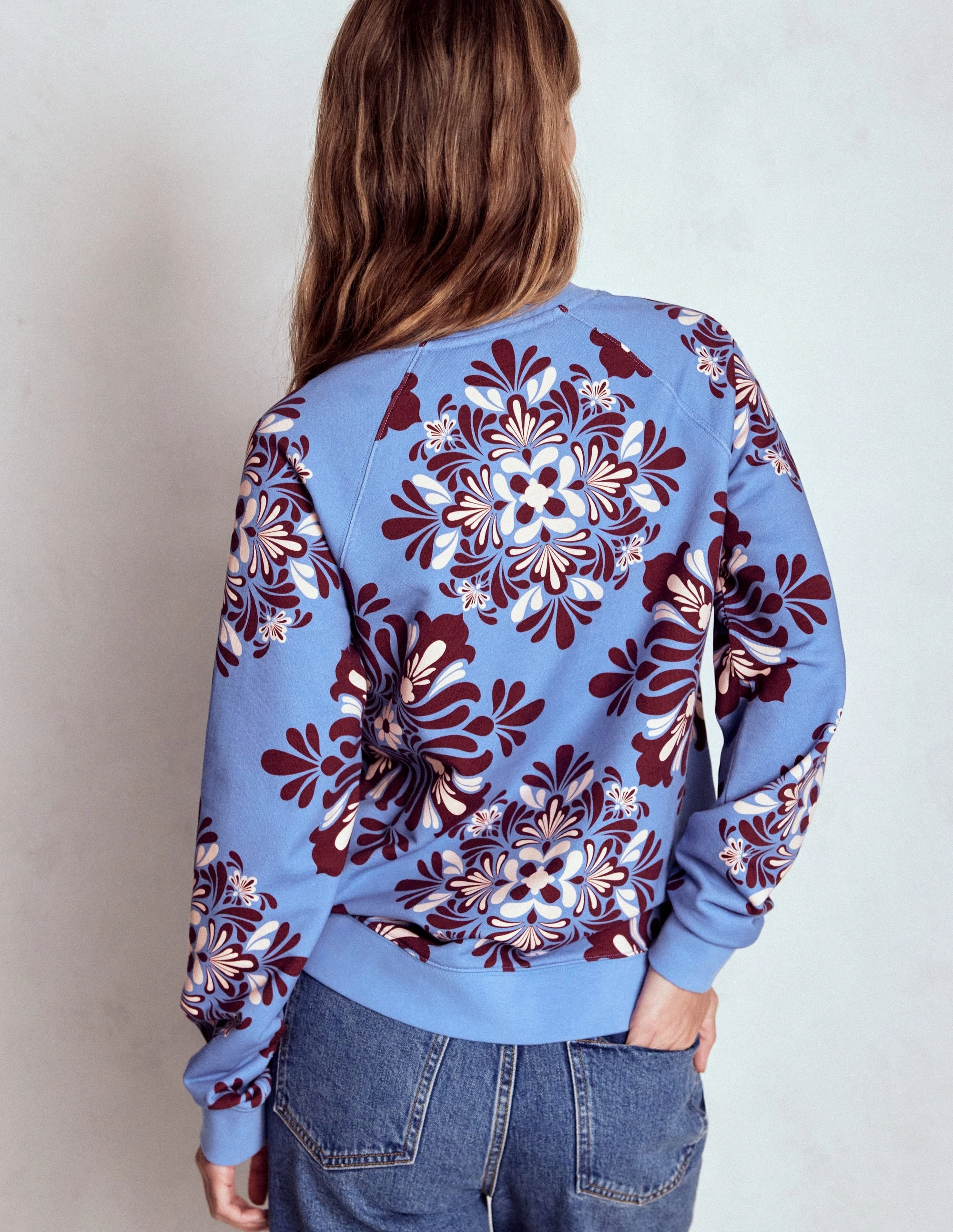 Casual Comfort Wear Rosa Printed Sweatshirt-Soft Blue, Bloom Mosaic