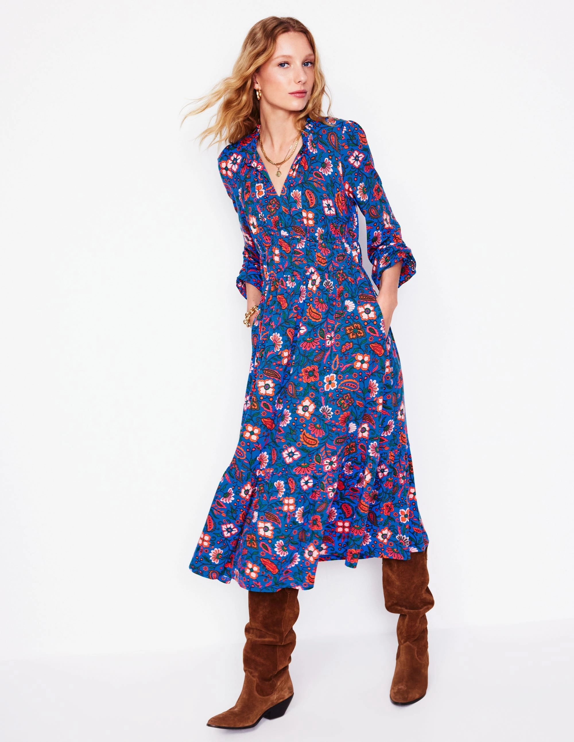 Rosamund Jersey Midi Tea Dress-Blue,Oriental Paradise Soft Structure Versatile Fit