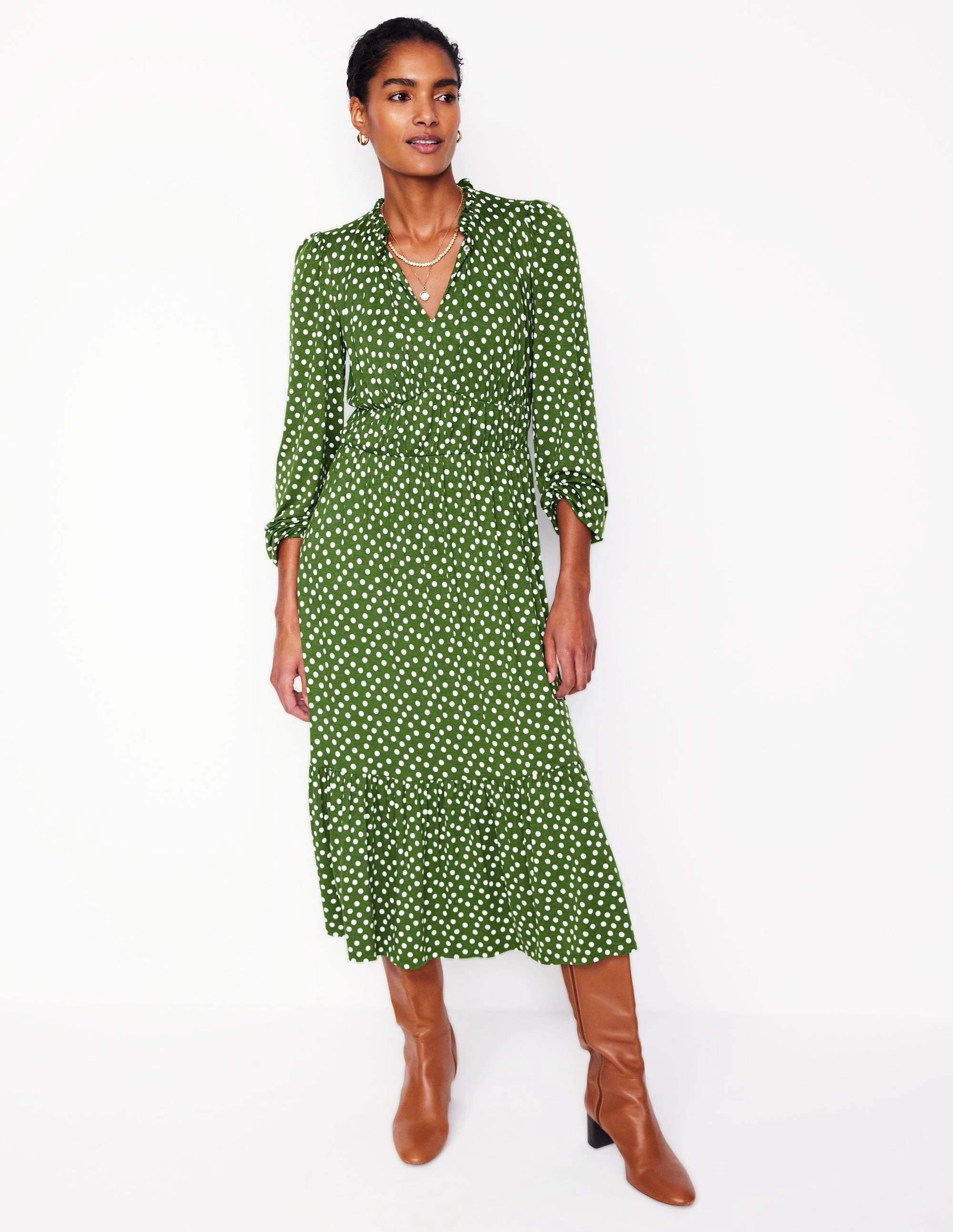 Rosamund Jersey Midi Tea Dress-Paradise Green, Abstract Dot Elegant Waist Design Boat-Neck