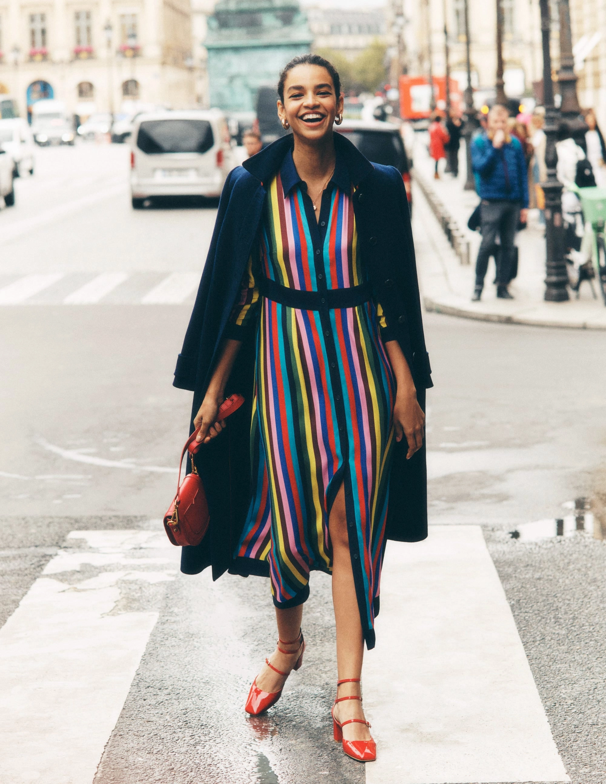 Layering Piece Fall Silhouette Empire Shirt Dress-Blue, Chestnut Multistripe