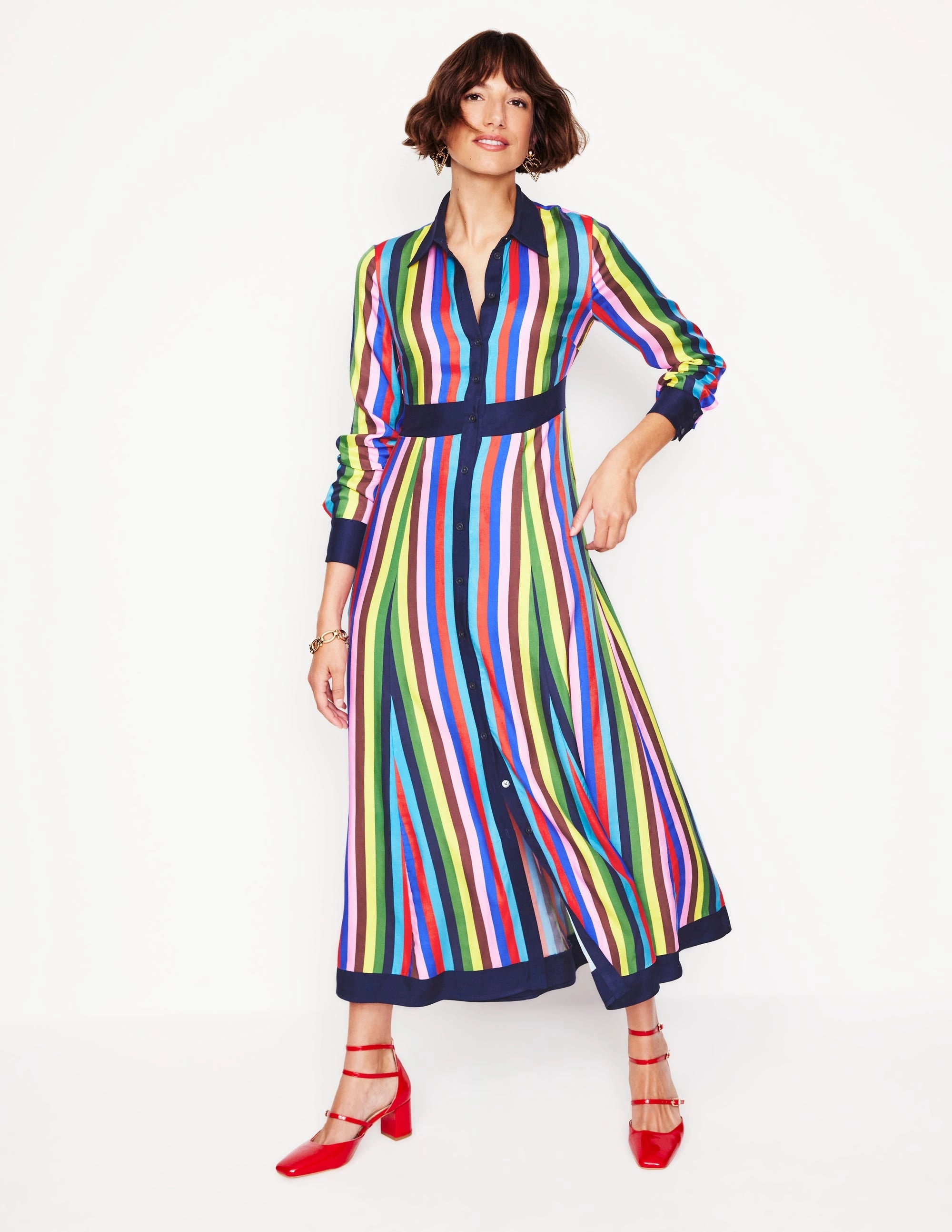 Soft Balance Tall Girl Empire Shirt Dress-Blue, Chestnut Multistripe