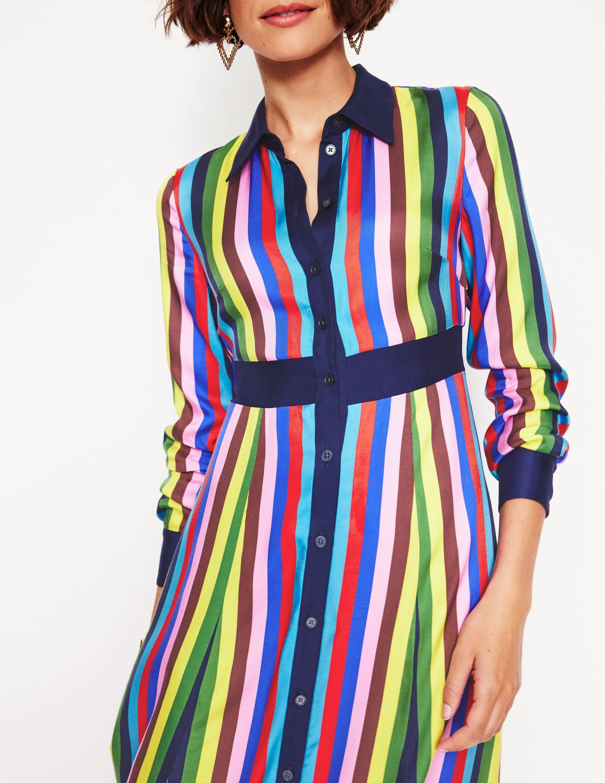 Fashion Look Elastic-Cuff Empire Shirt Dress-Blue, Chestnut Multistripe