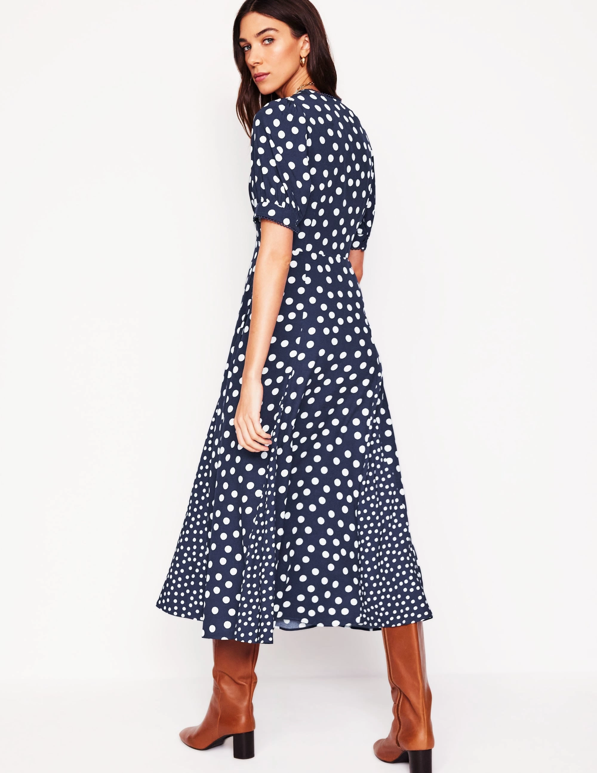Layered Wear Rosie Godet Tea Dress-French Navy, Abstract Dot