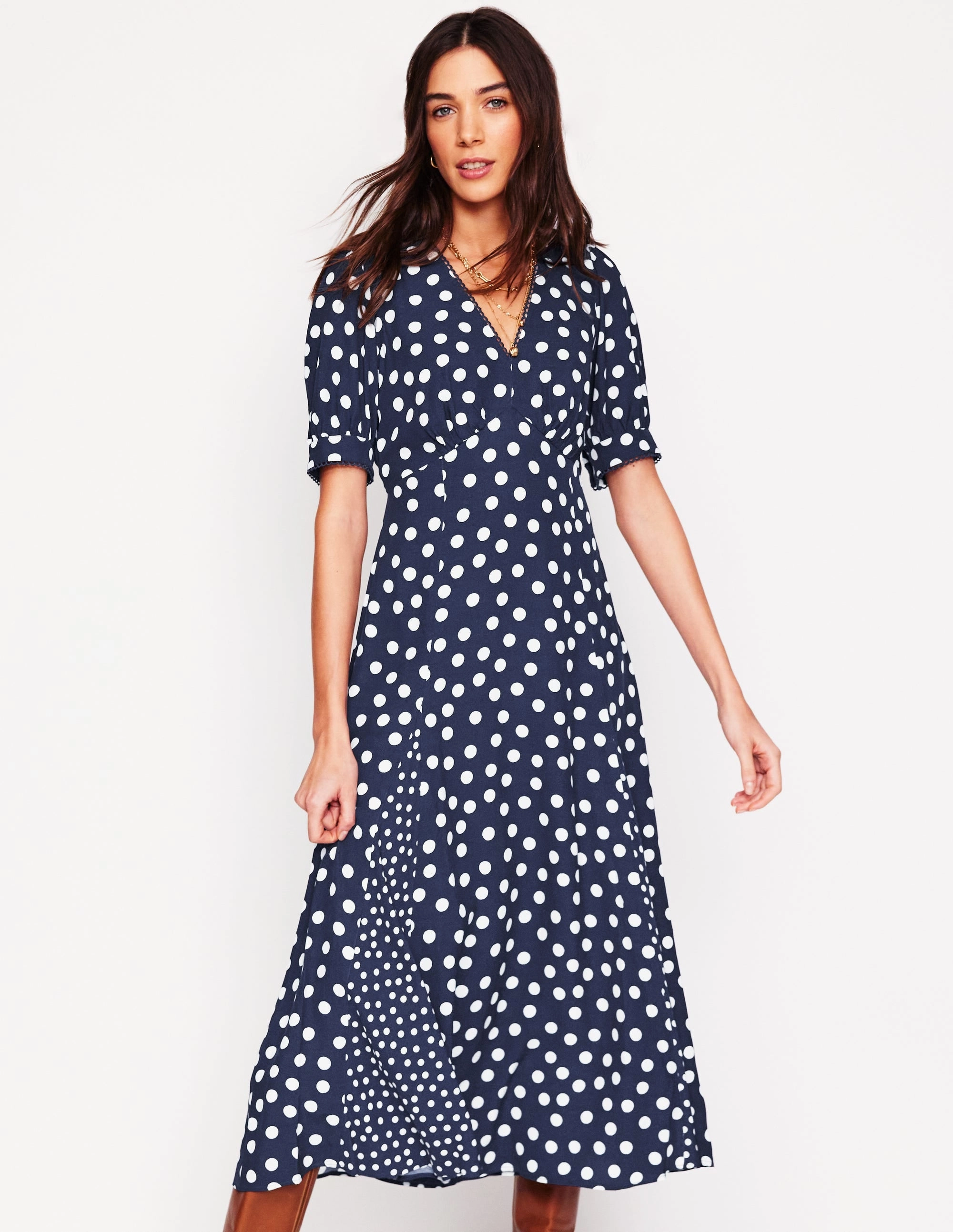 Rosie Godet Tea Dress-French Navy, Abstract Dot Timeless Waist