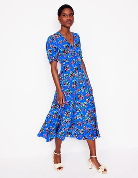 Elegant Wearable Rosie Godet Tea Dress-Gallery Blue, Abstract Posy