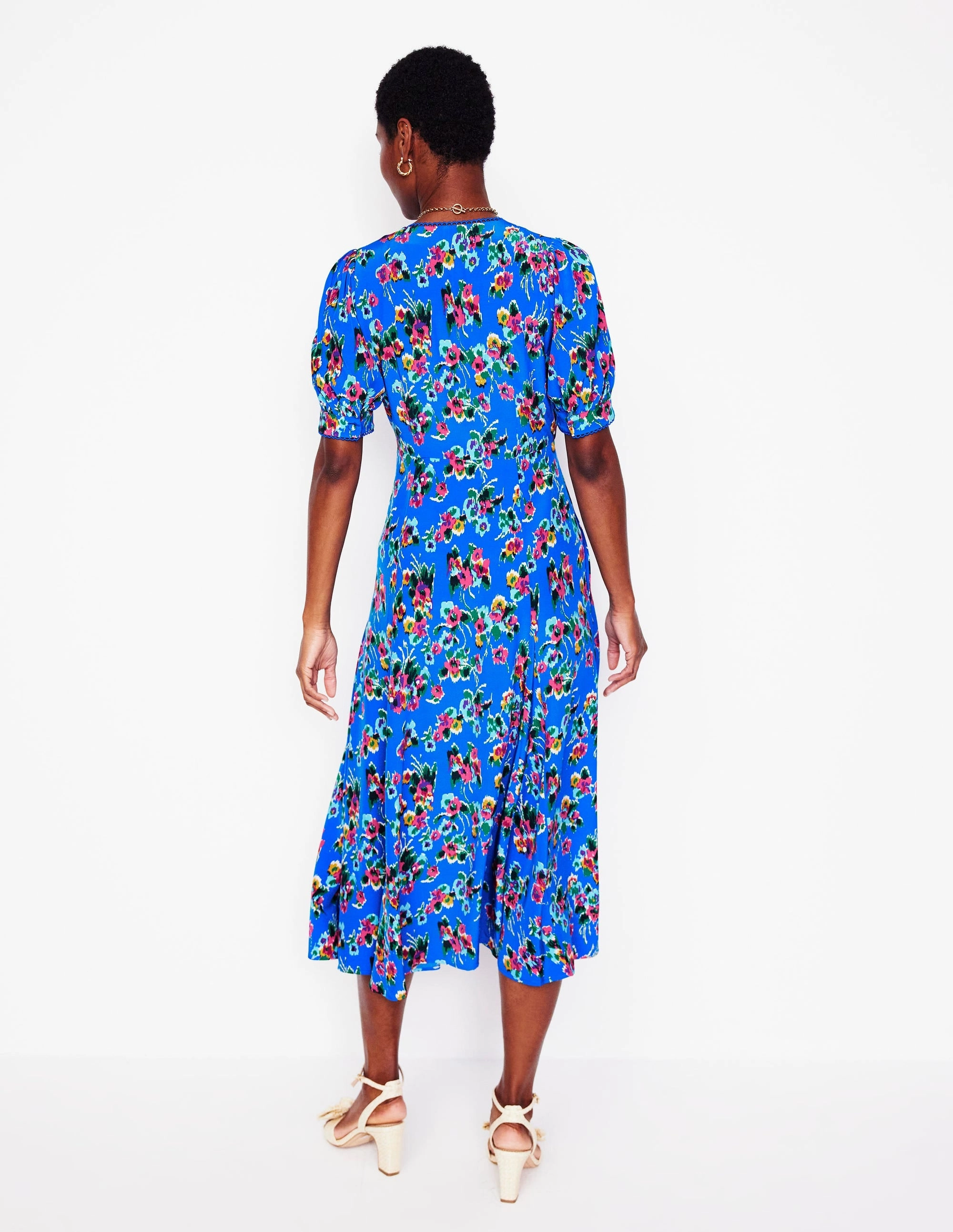 Color-Blocked Rosie Godet Tea Dress-Gallery Blue, Abstract Posy