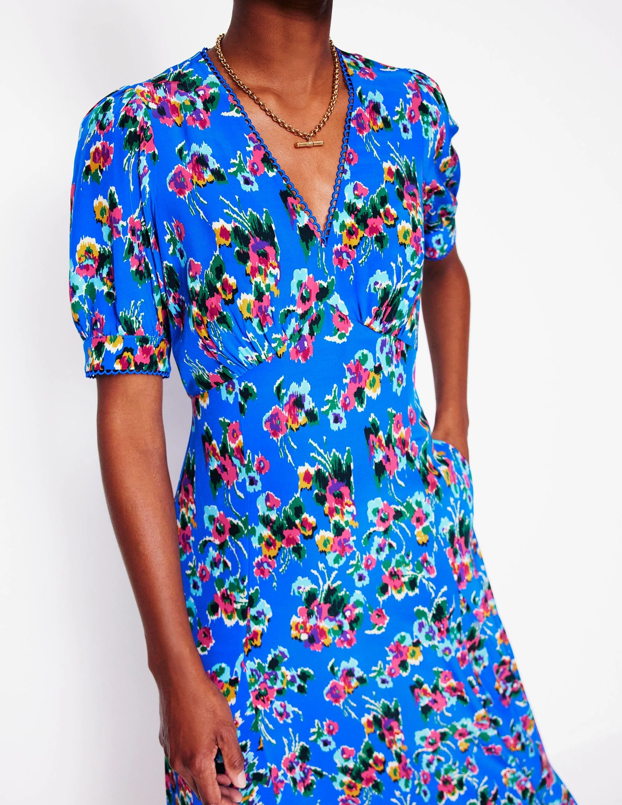 Rosie Godet Tea Dress-Gallery Blue, Abstract Posy Eye Catching Sequin-Detail