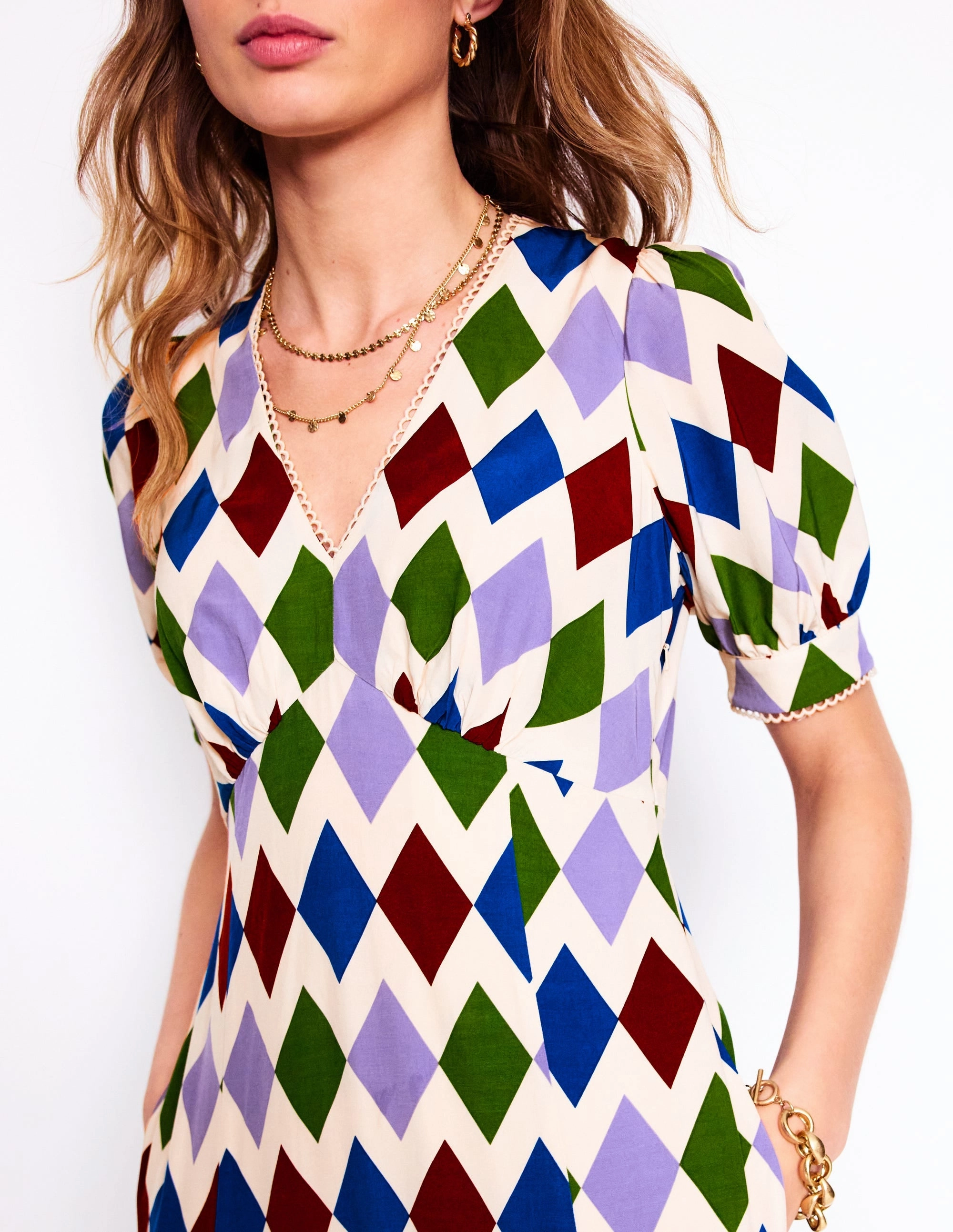 Rosie Godet Tea Dress-Multi, Diamond Stripe Flattering bodycon dress Subtle design