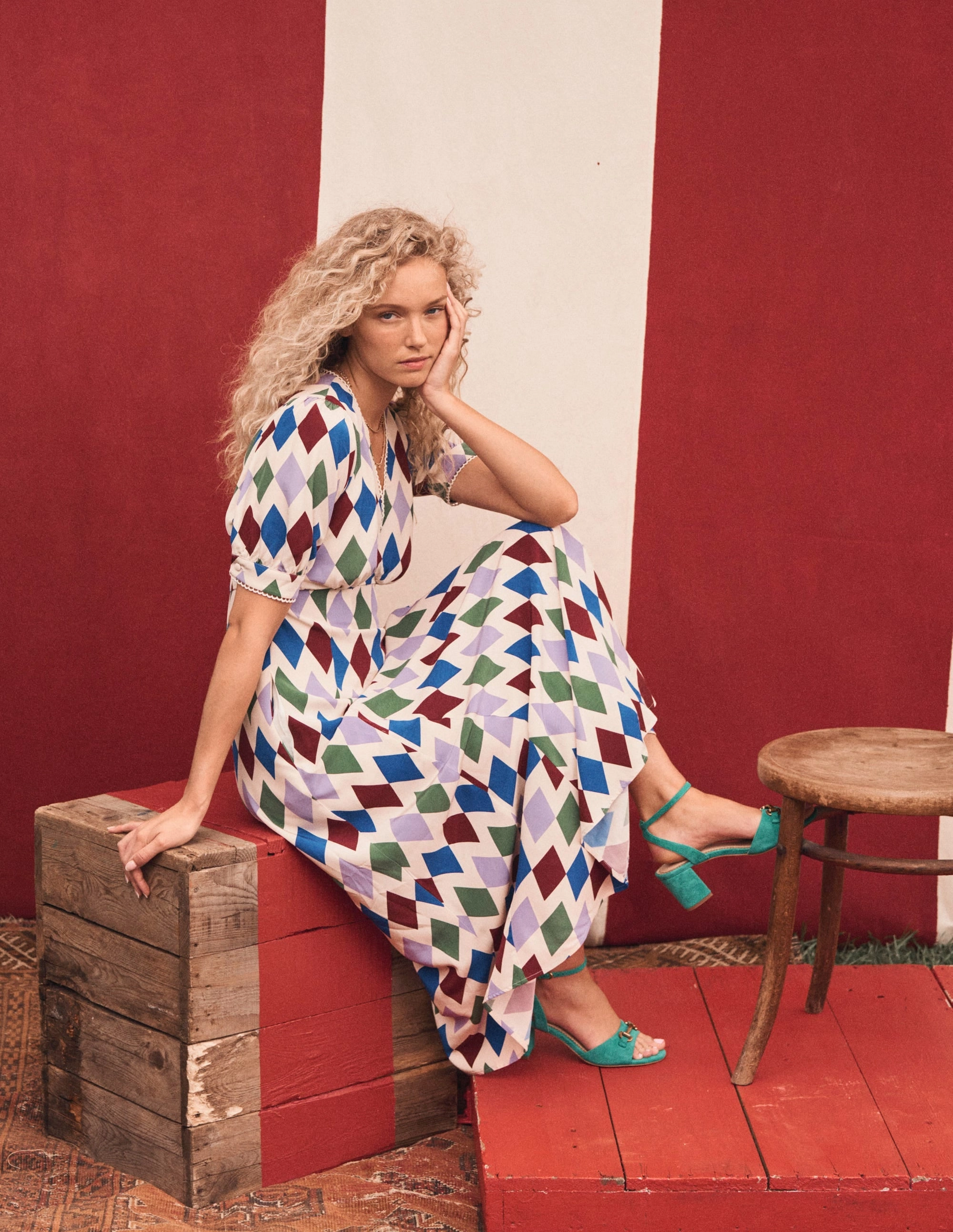 Rosie Godet Tea Dress-Multi, Diamond Stripe Stylish Touch sweet moment