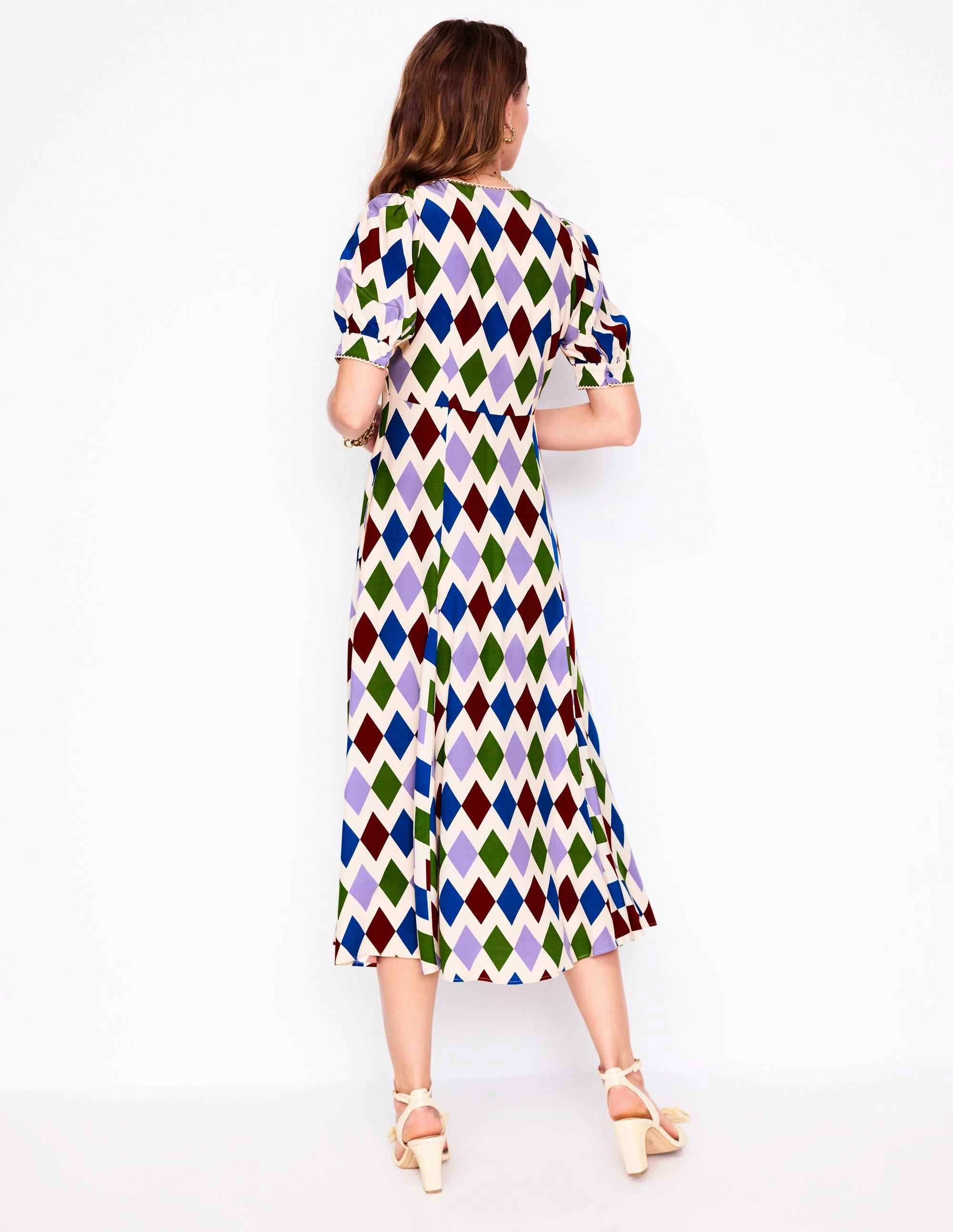 Side Slit Rosie Godet Tea Dress-Multi, Diamond Stripe