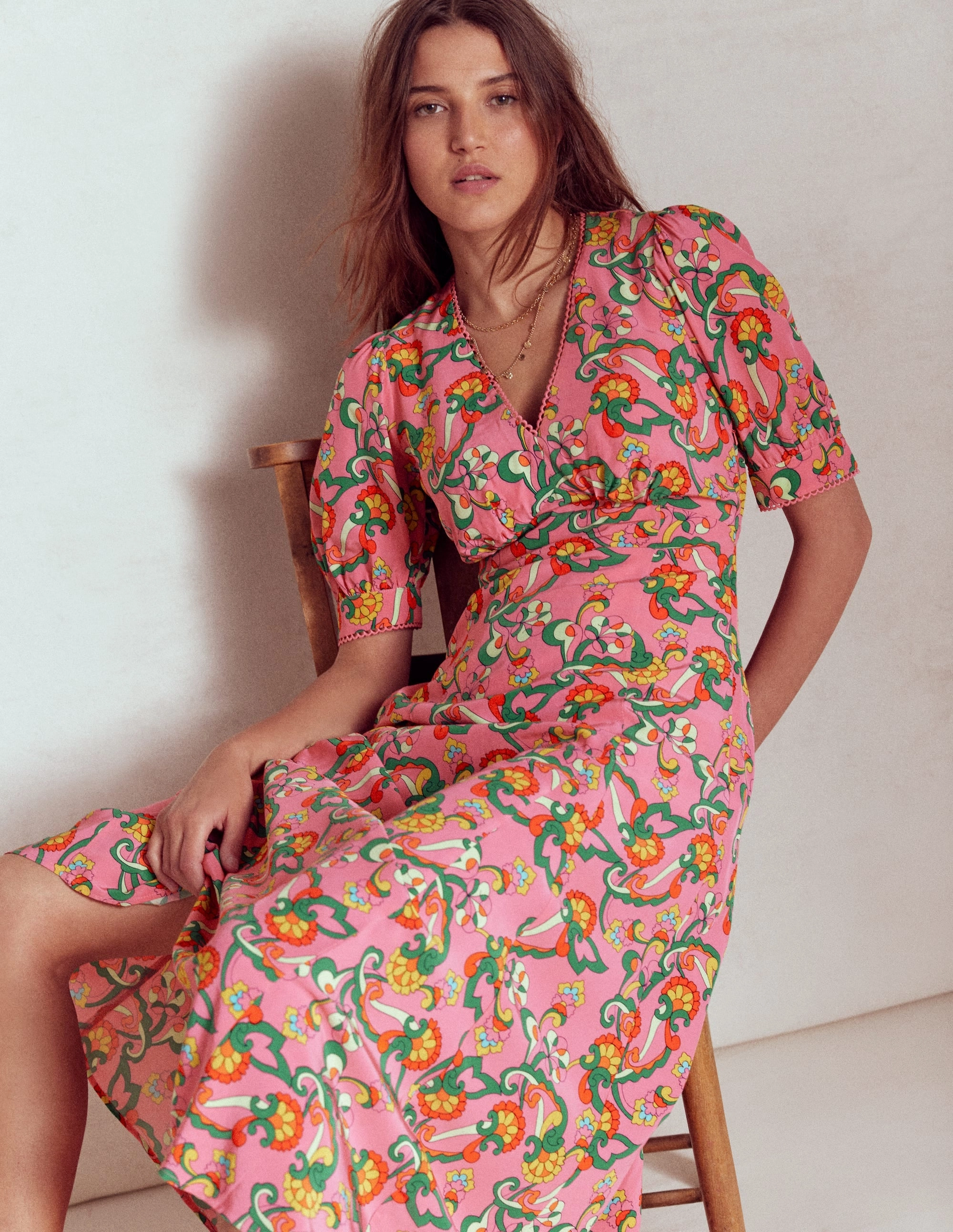 Rosie Godet Tea Dress-Pink Rose, Foliage Trail Air Comfort Summer Ready