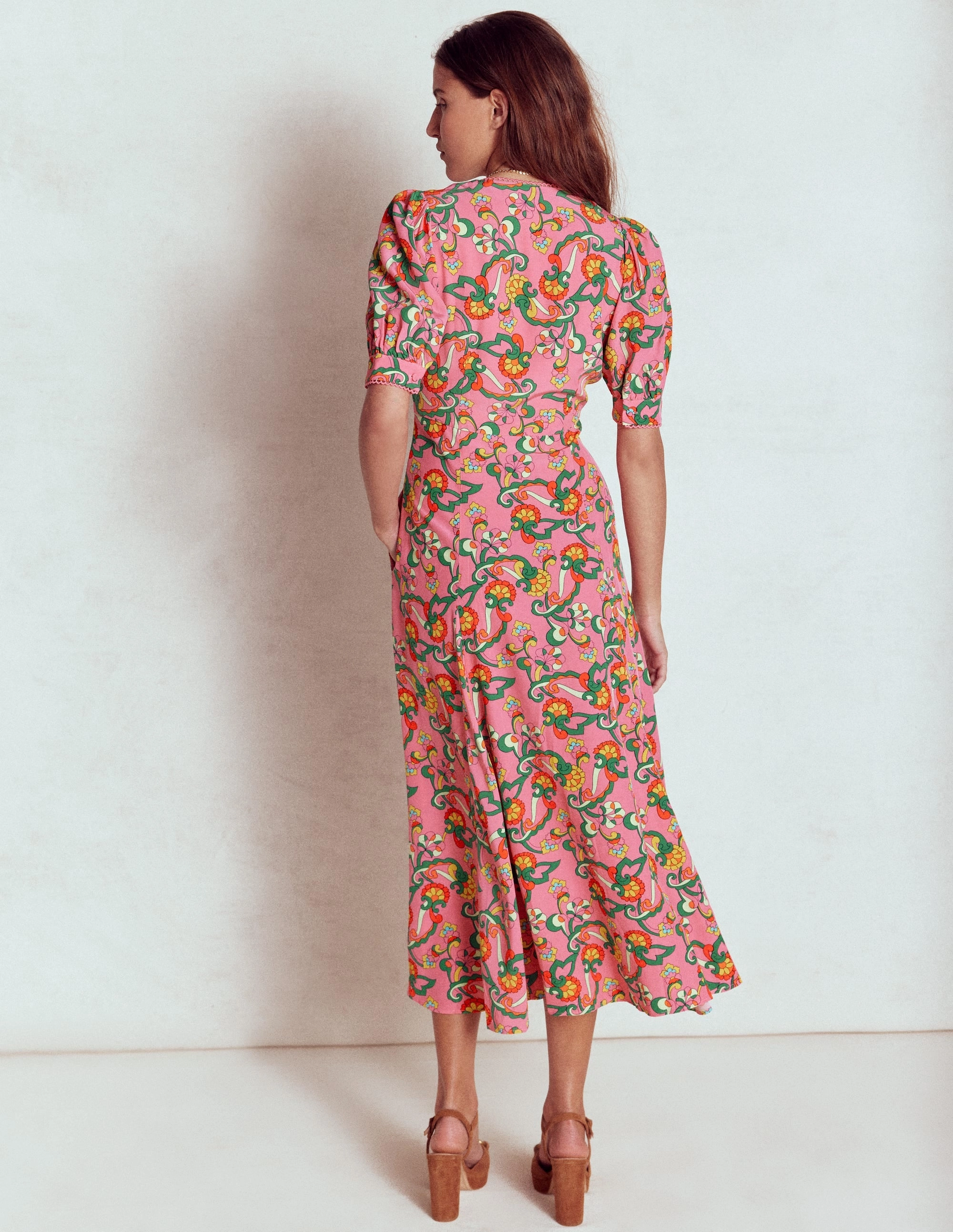 Rosie Godet Tea Dress-Pink Rose, Foliage Trail Waist-Cinching