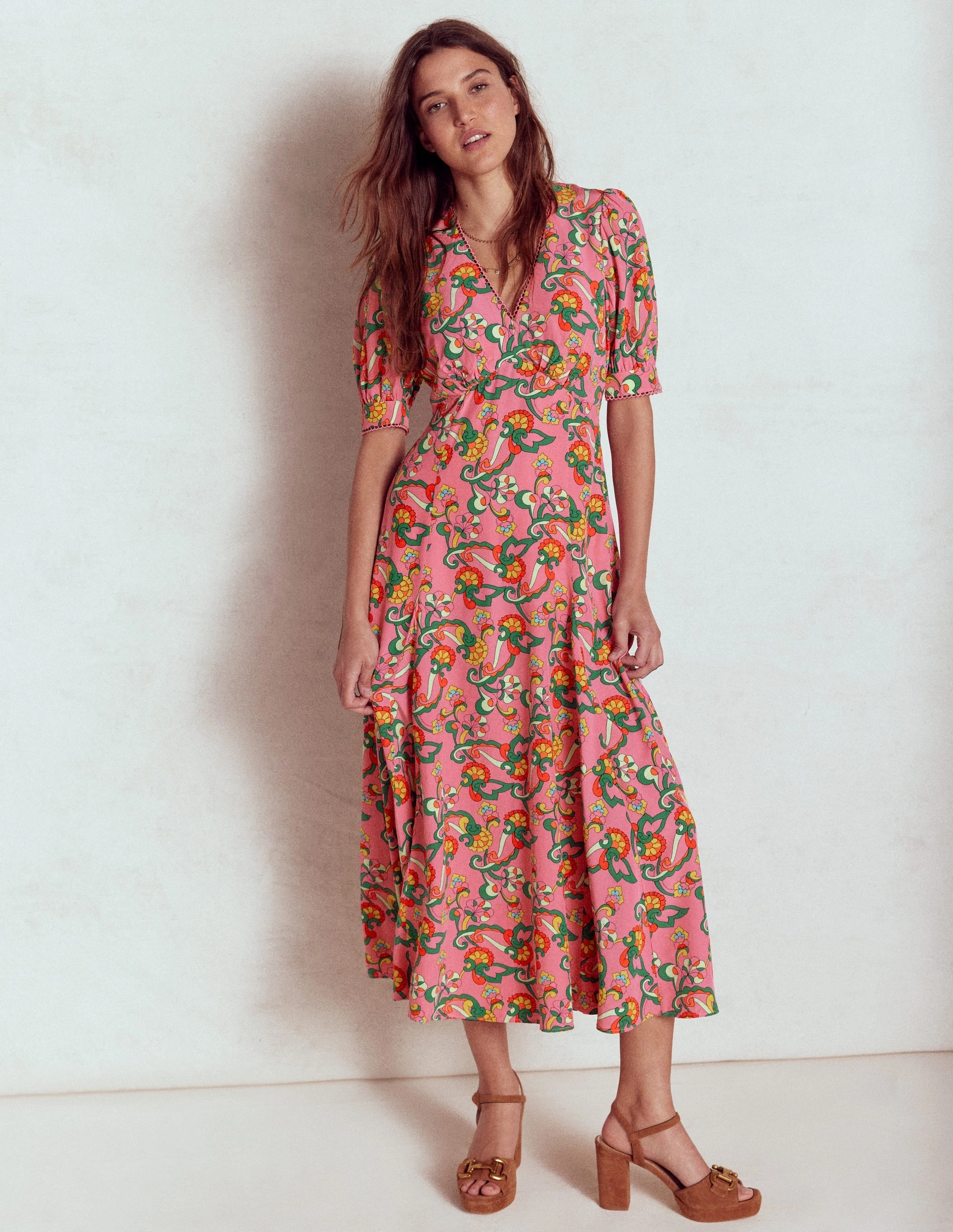 Rosie Godet Tea Dress-Pink Rose, Foliage Trail Gift-Worthy