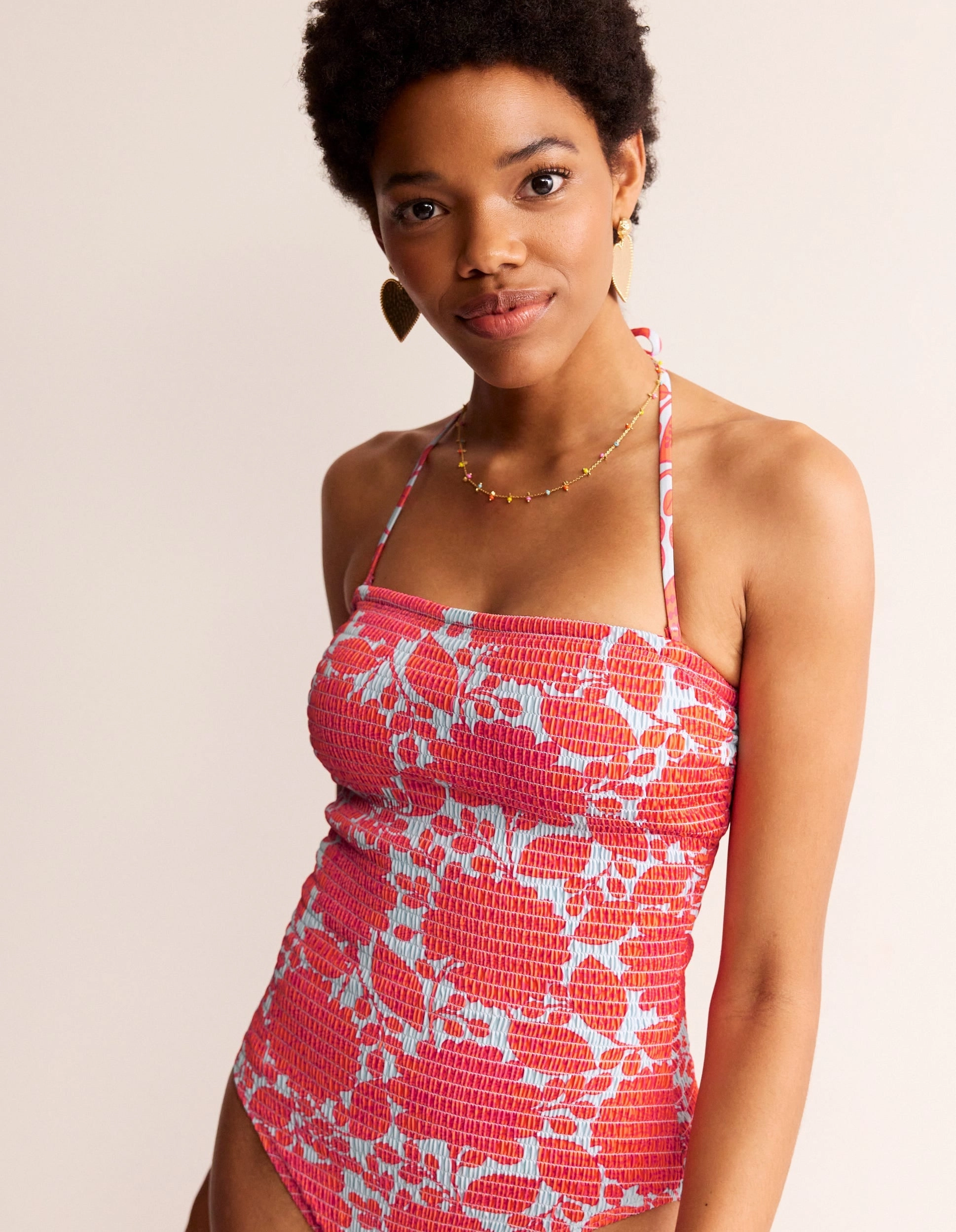 Milos Smocked Bandeau Swimsuit-Fire Cracker, Gardenia Swirl Resort Vibes Tropical Paradise