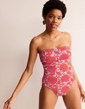 Double Layered Durability Milos Smocked Bandeau Swimsuit-Fire Cracker, Gardenia Swirl