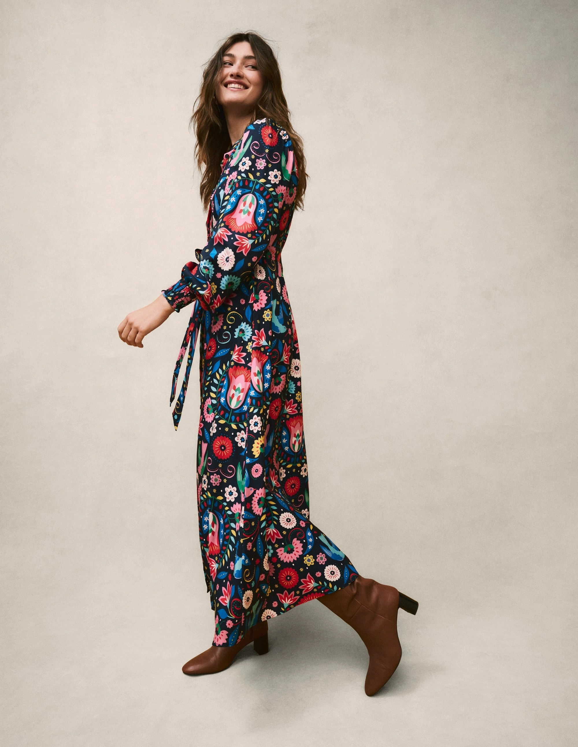 Sophisticated Waist Casual Chic Ruby Collarless Shirt Dress-French Navy, Decorative Garden