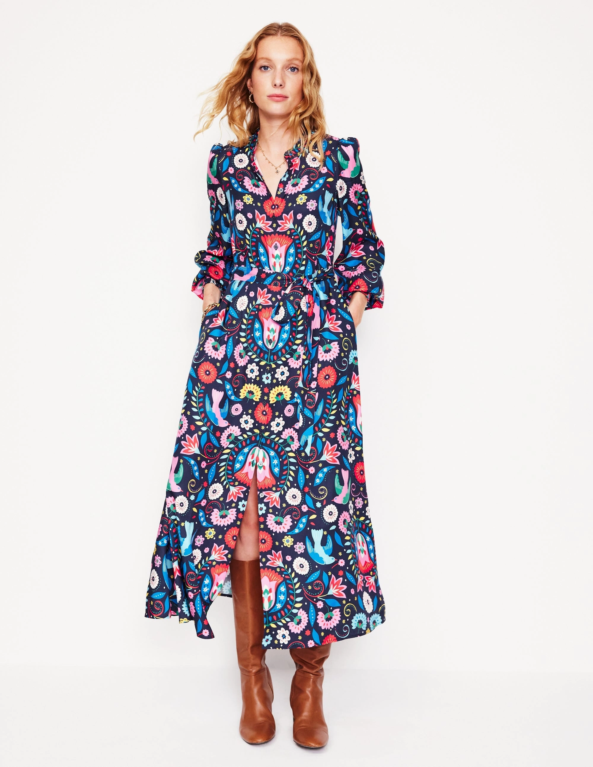 Ruby Collarless Shirt Dress-French Navy, Decorative Garden Subtle Drape Flow Line