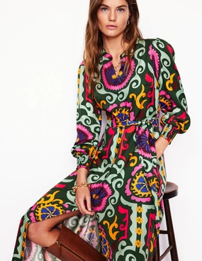 Ruby Collarless Shirt Dress-Green, Ornamental Wave High-waist Hidden Pocket