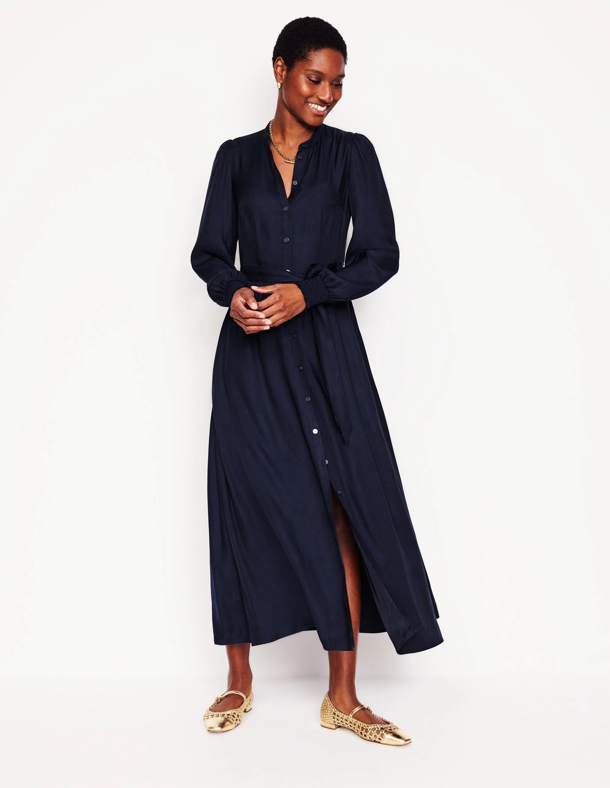 Playful-Detail Ruby Collarless Shirt Dress-Navy