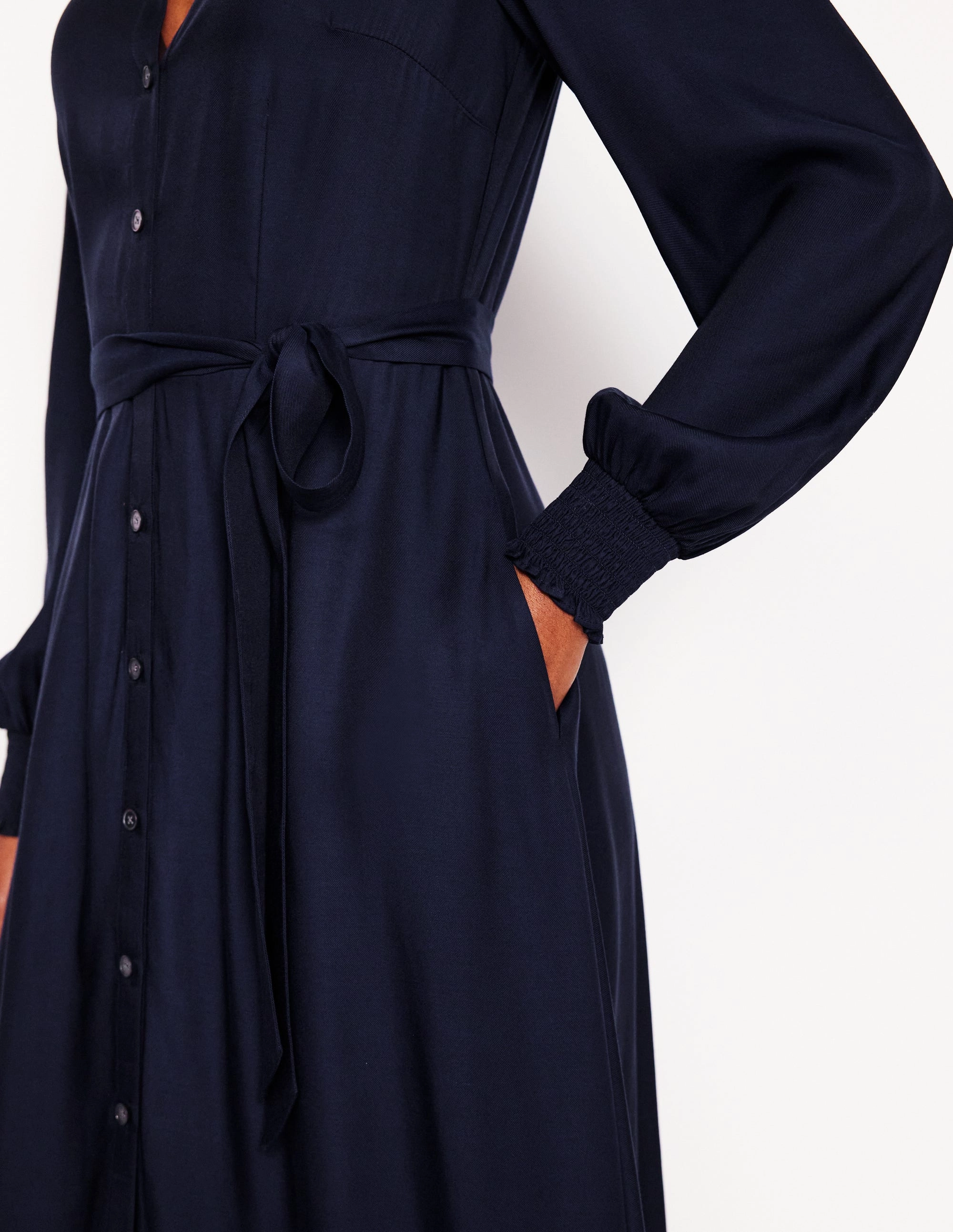 Ruby Collarless Shirt Dress-Navy Hook-And-Eye Fit Choice