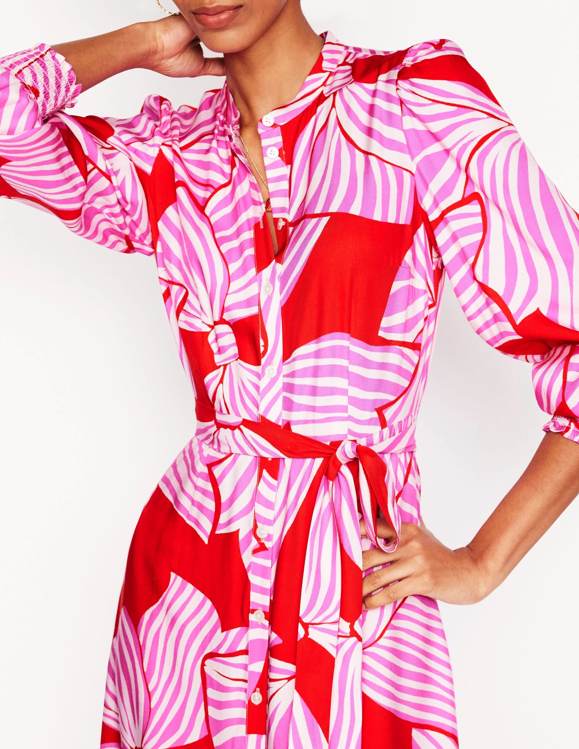 Flawless Waistband Trend Smart Ruby Collarless Shirt Dress-Rouge, Bow Scatter