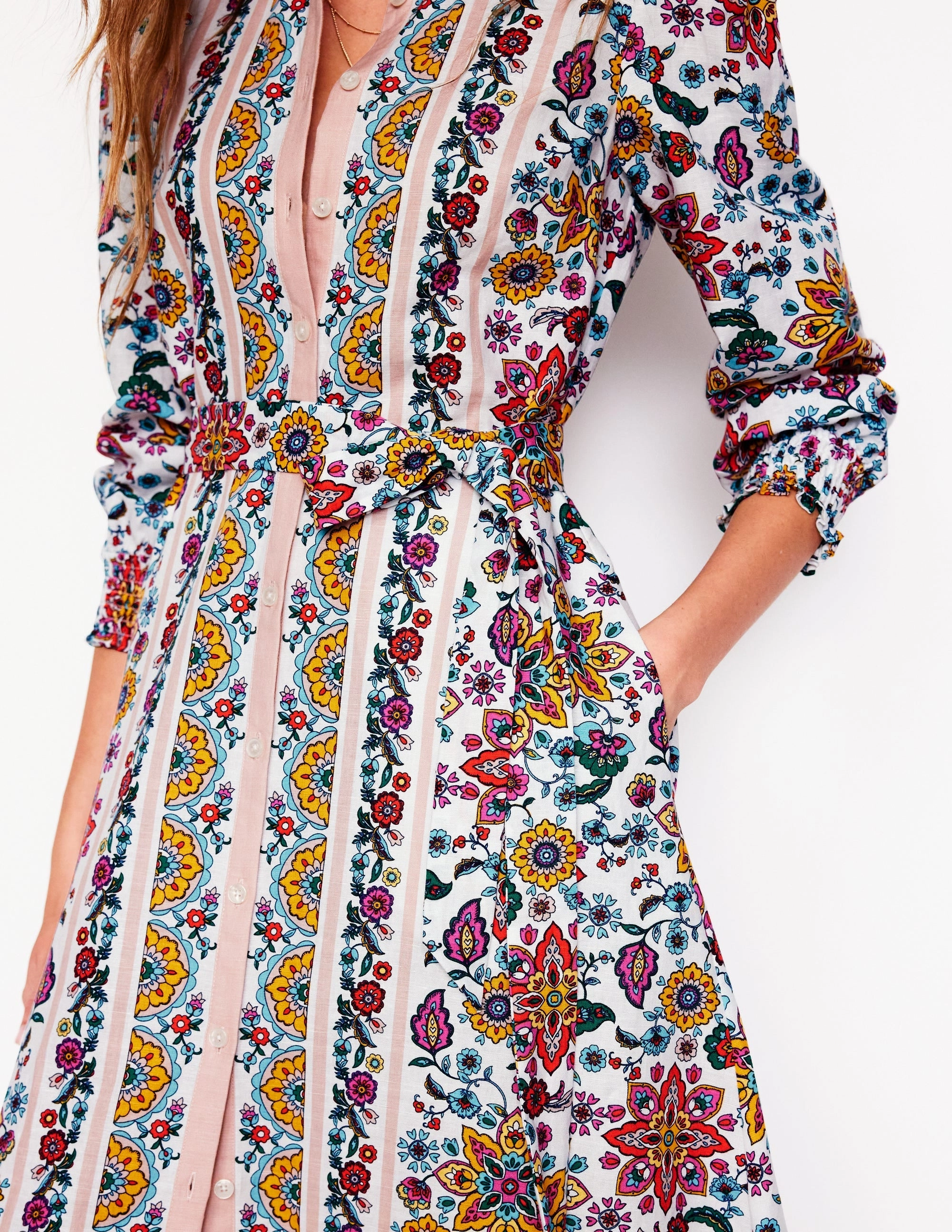 velvet feel Ruby Linen Blend Shirt Dress-Ivory, Botanical Sprig