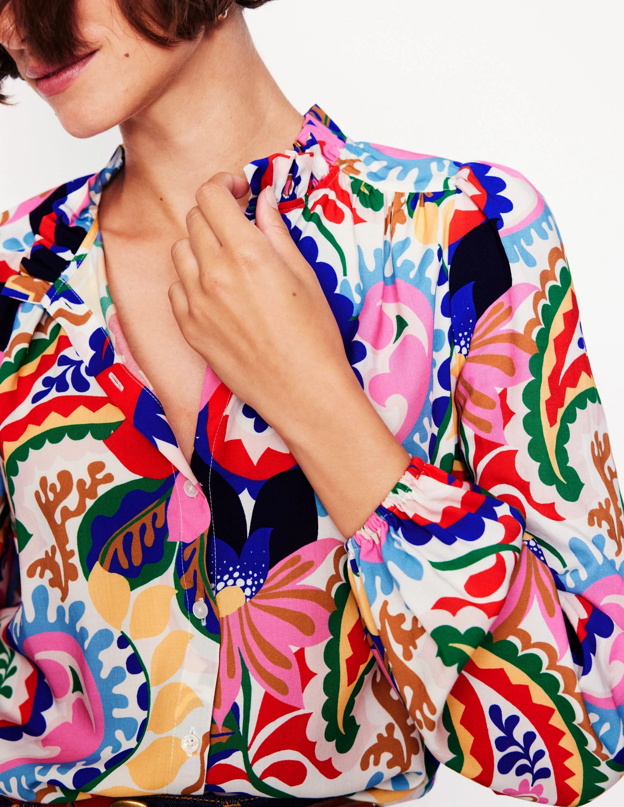 Smart Fit Ruffle Collar Blouse-Ivory, Botanical Paisley