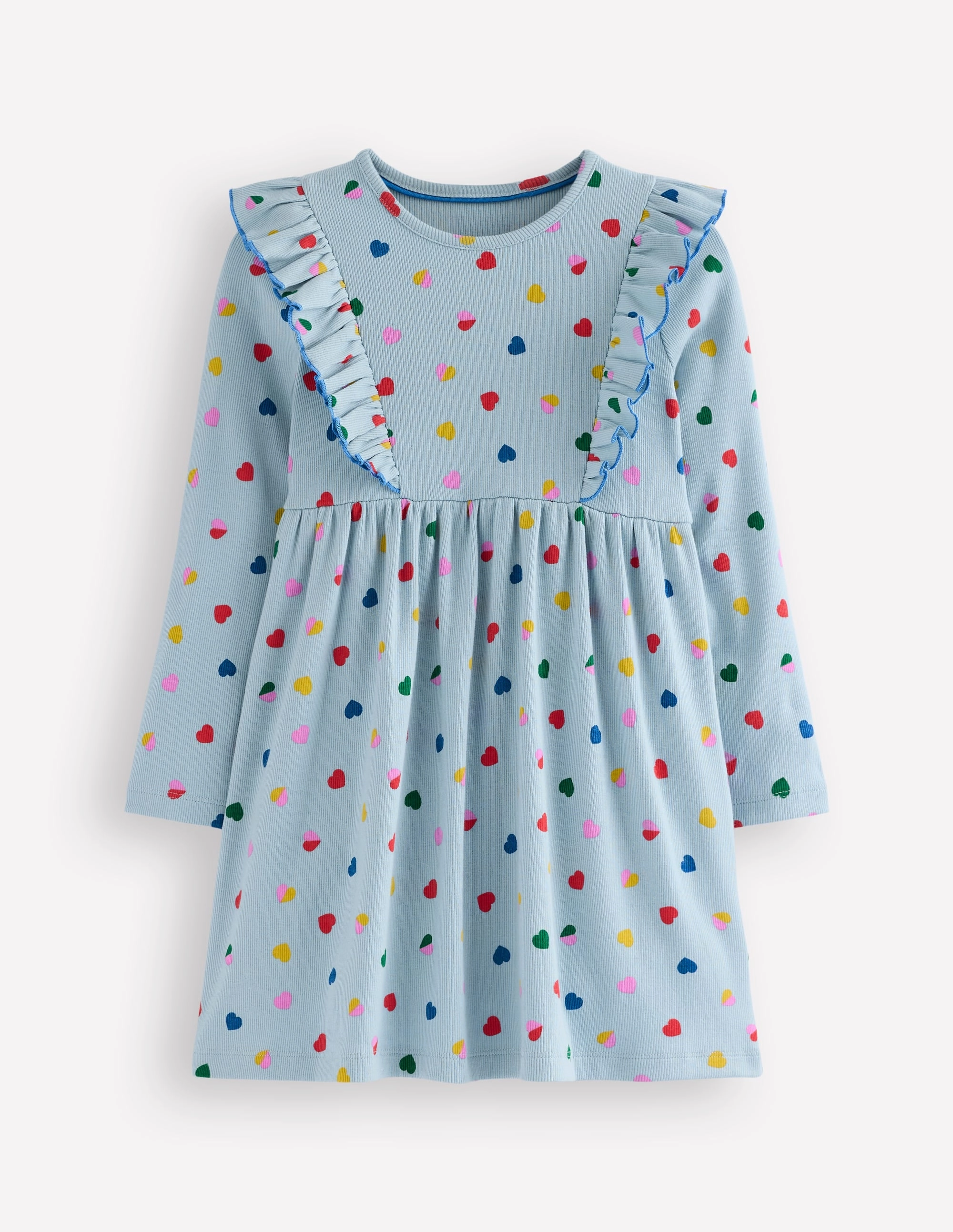 Ruffle Rib Jersey Dress-Vintage Blue Confetti Heart Gender Fluid Pure Stitch