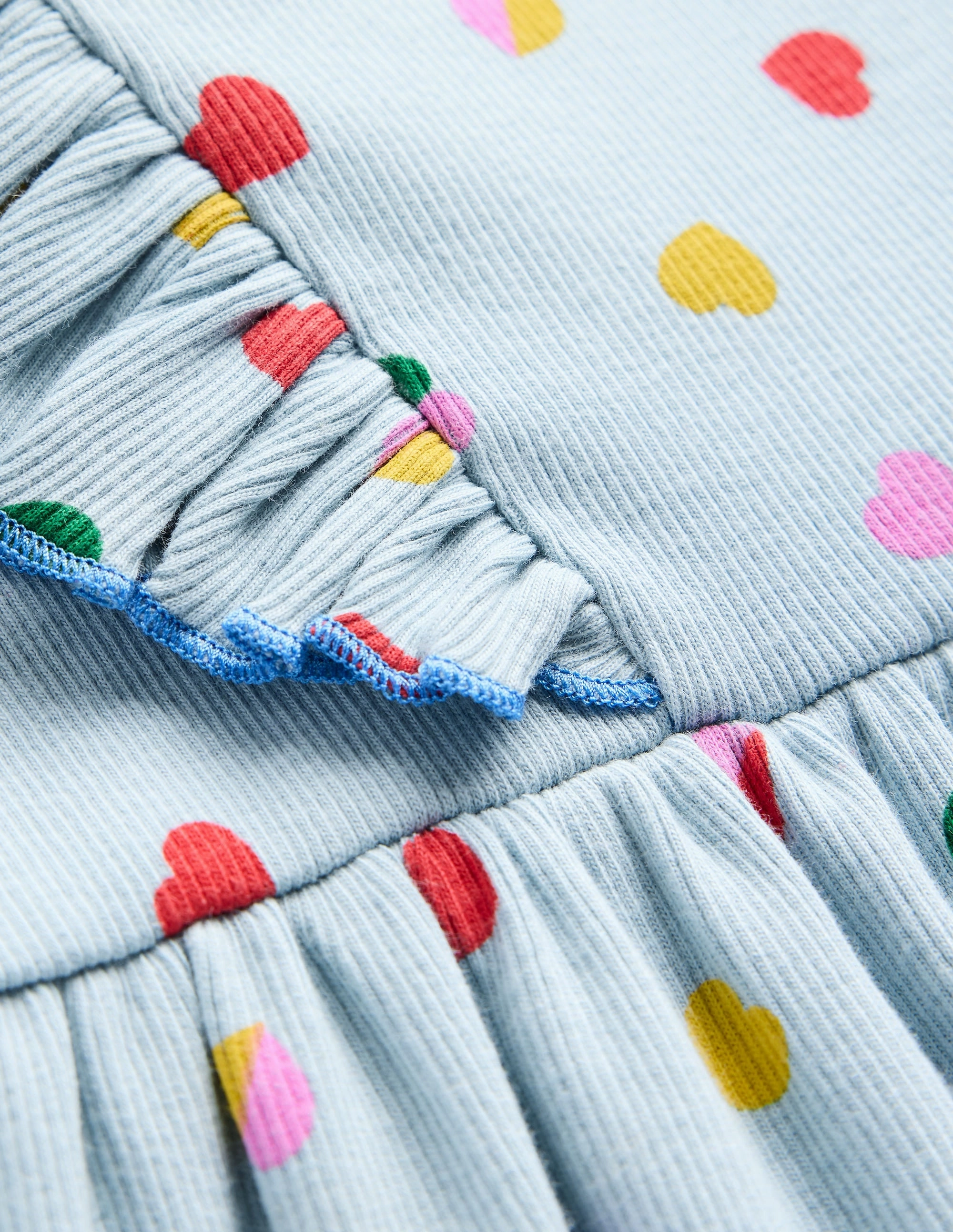 Ruffle Rib Jersey Dress-Vintage Blue Confetti Heart Inner lining Saturated Hue