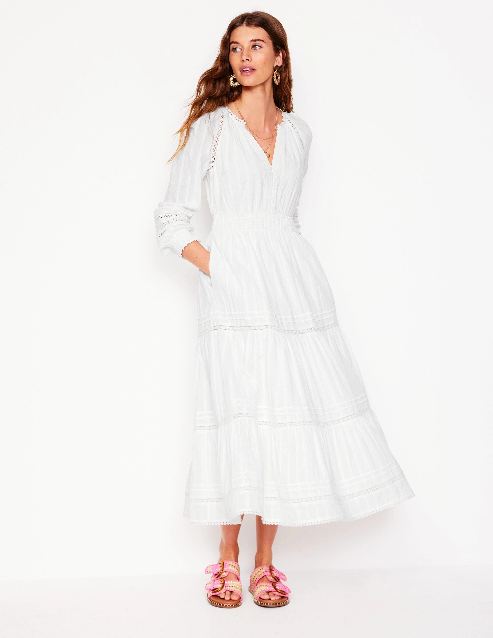 Evening Ready Dreamy Motion Ruffle Smocked Cotton Dress-White